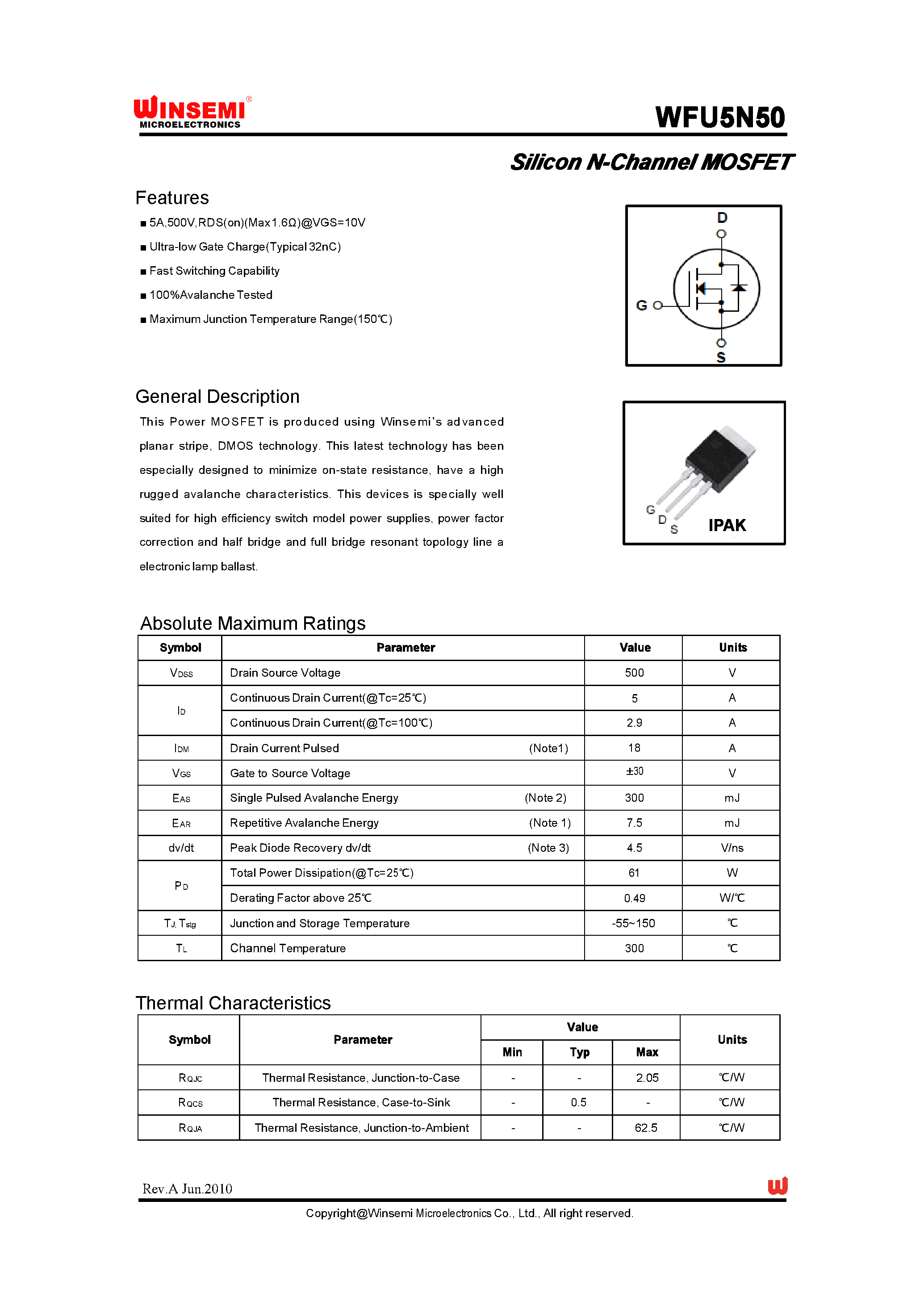 Datasheet WFU5N50 page 1 Datasheet WFU5N50 - Silicon N-Channel MOSFET page 1