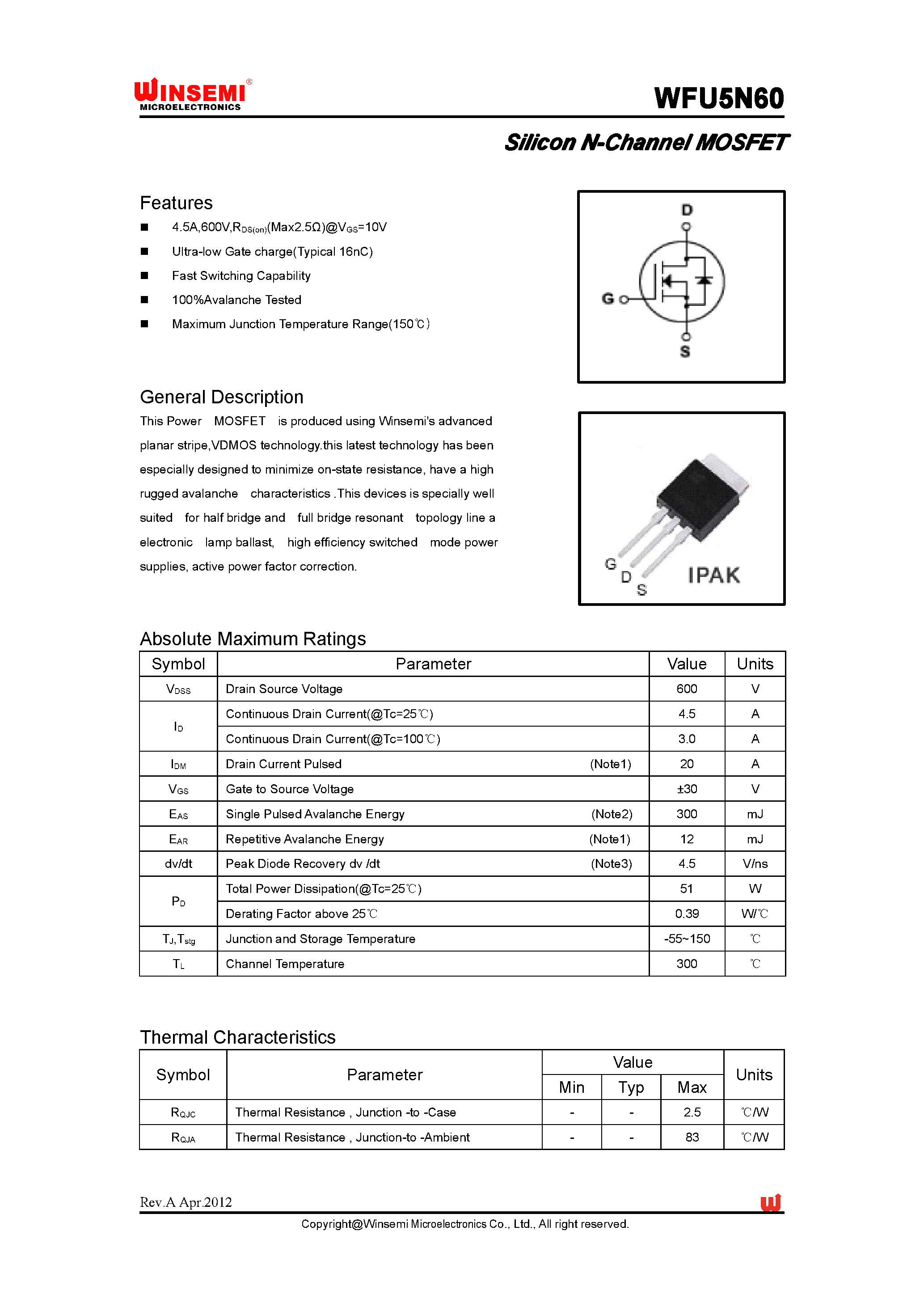 Datasheet WFU5N60 page 1 Datasheet WFU5N60 - Silicon N-Channel MOSFET page 1