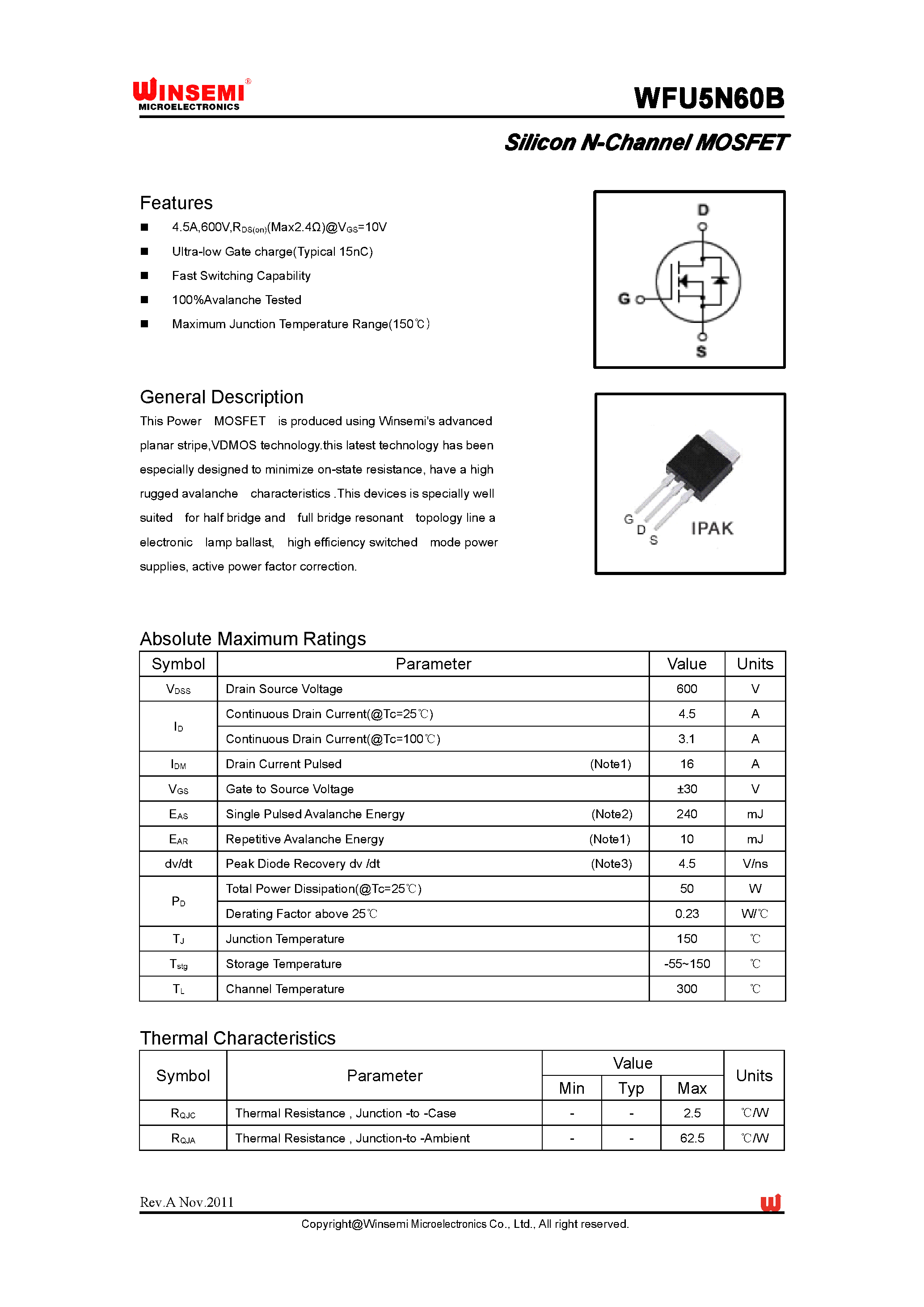 Datasheet WFU5N60B page 1 Datasheet WFU5N60B - Silicon N-Channel MOSFET page 1