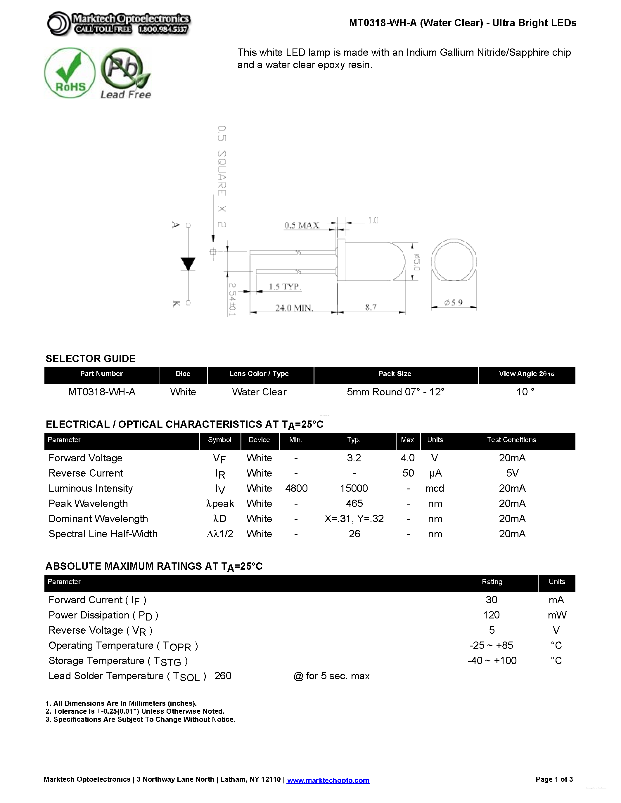 Datasheet MT0318-WH-A - LED page 1