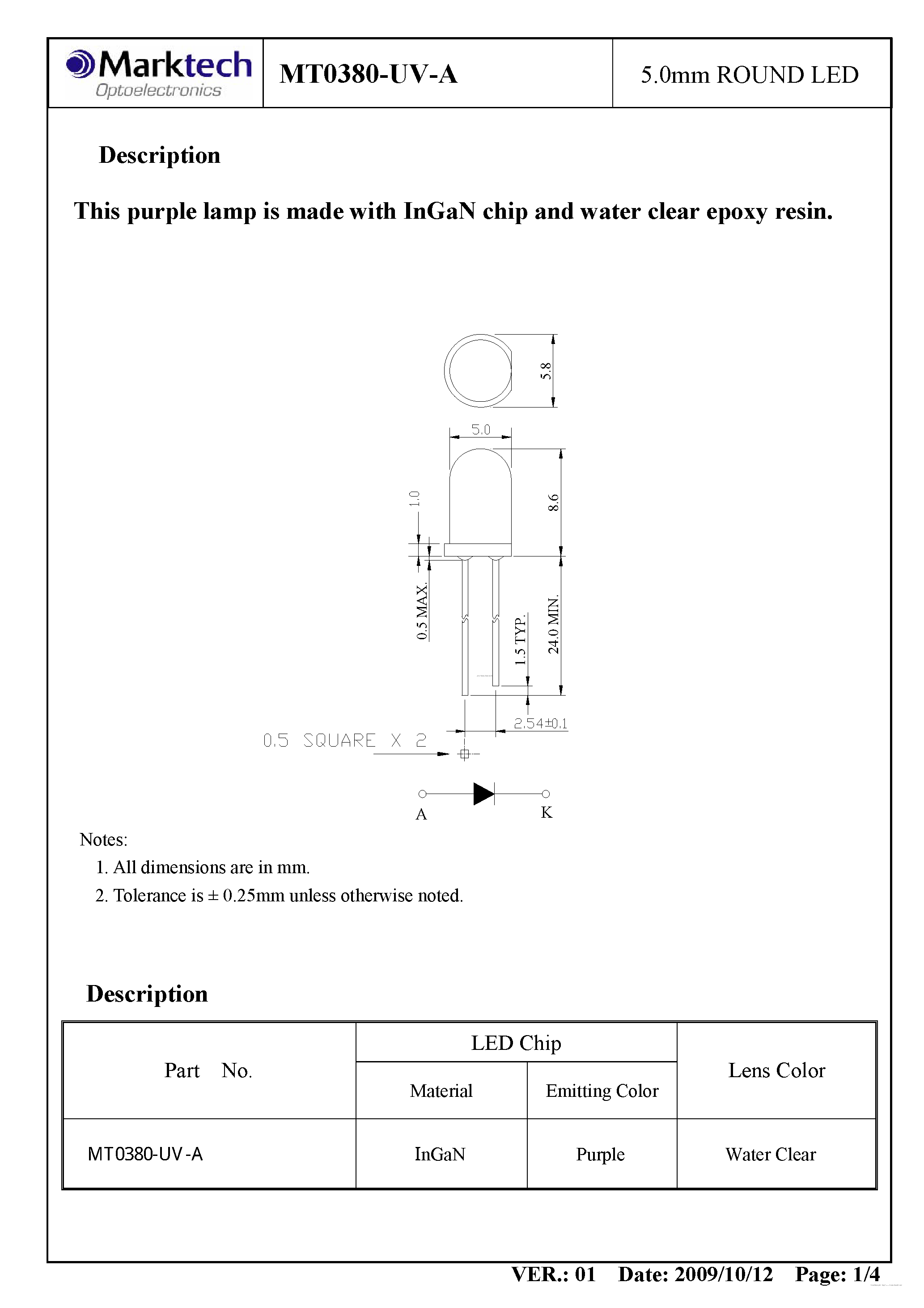 Datasheet MT0380-UV-A - LED page 2
