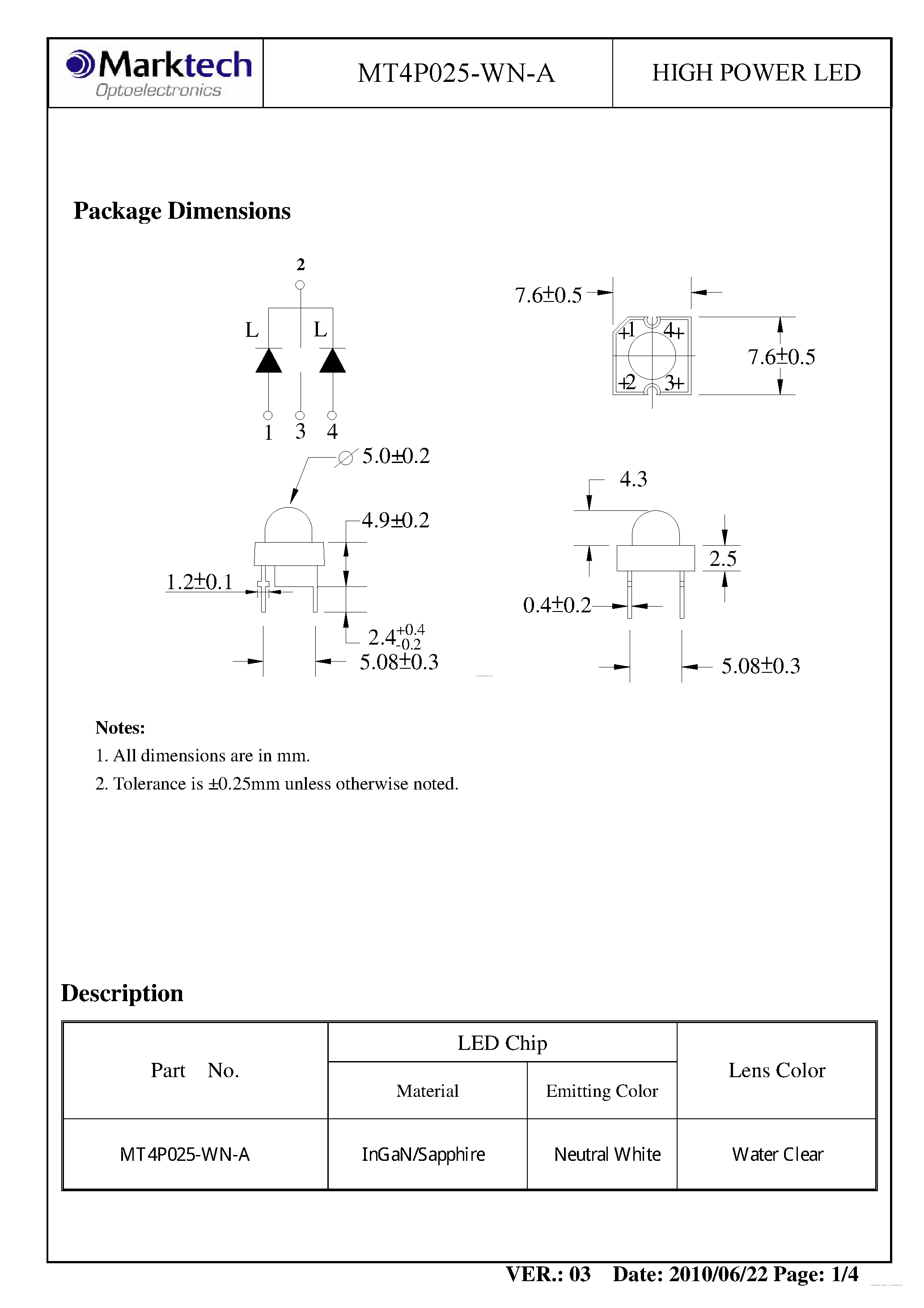 Datasheet MT4P025-WN-A - LED page 2