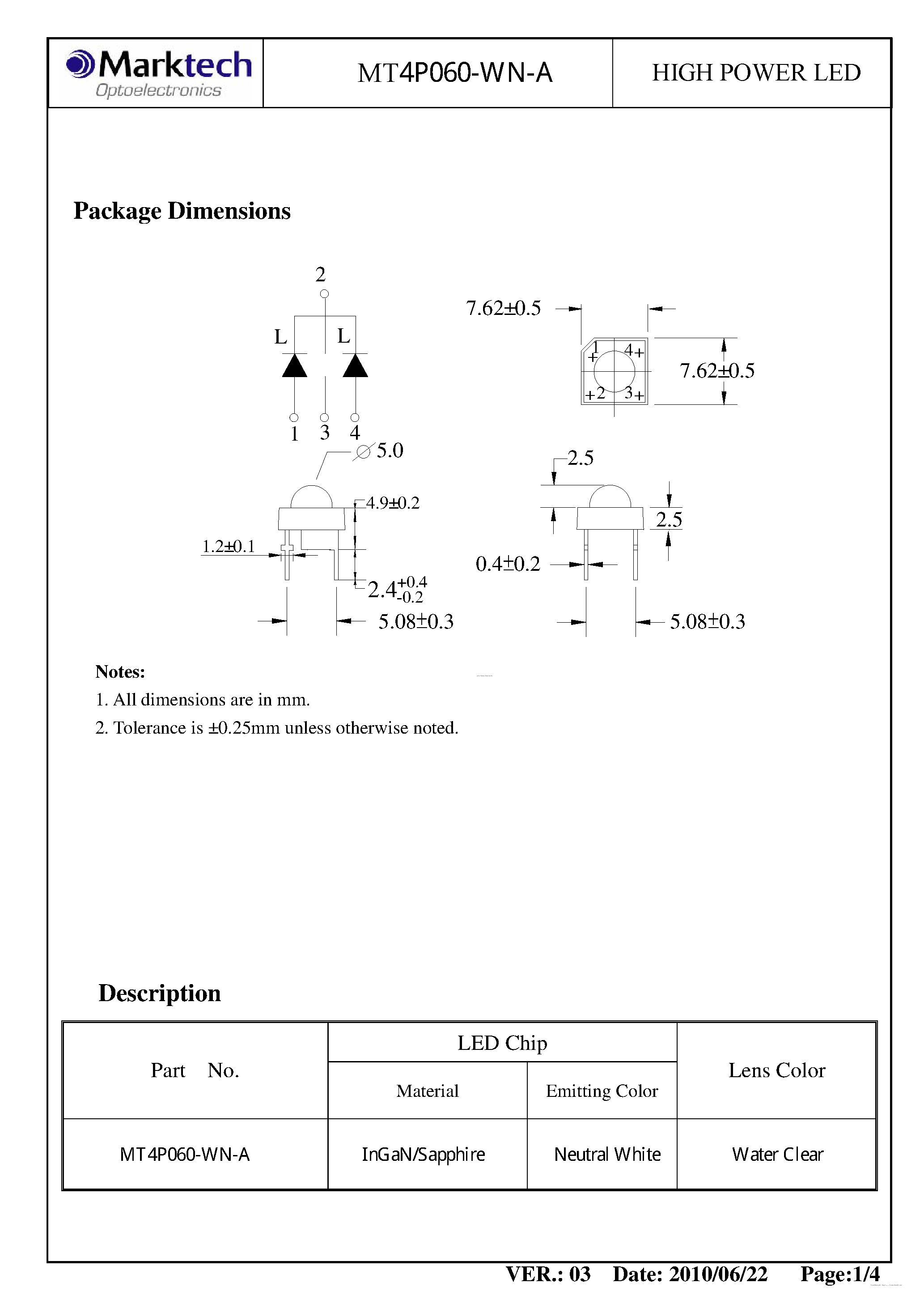 Datasheet MT4P060-WN-A - LED page 2
