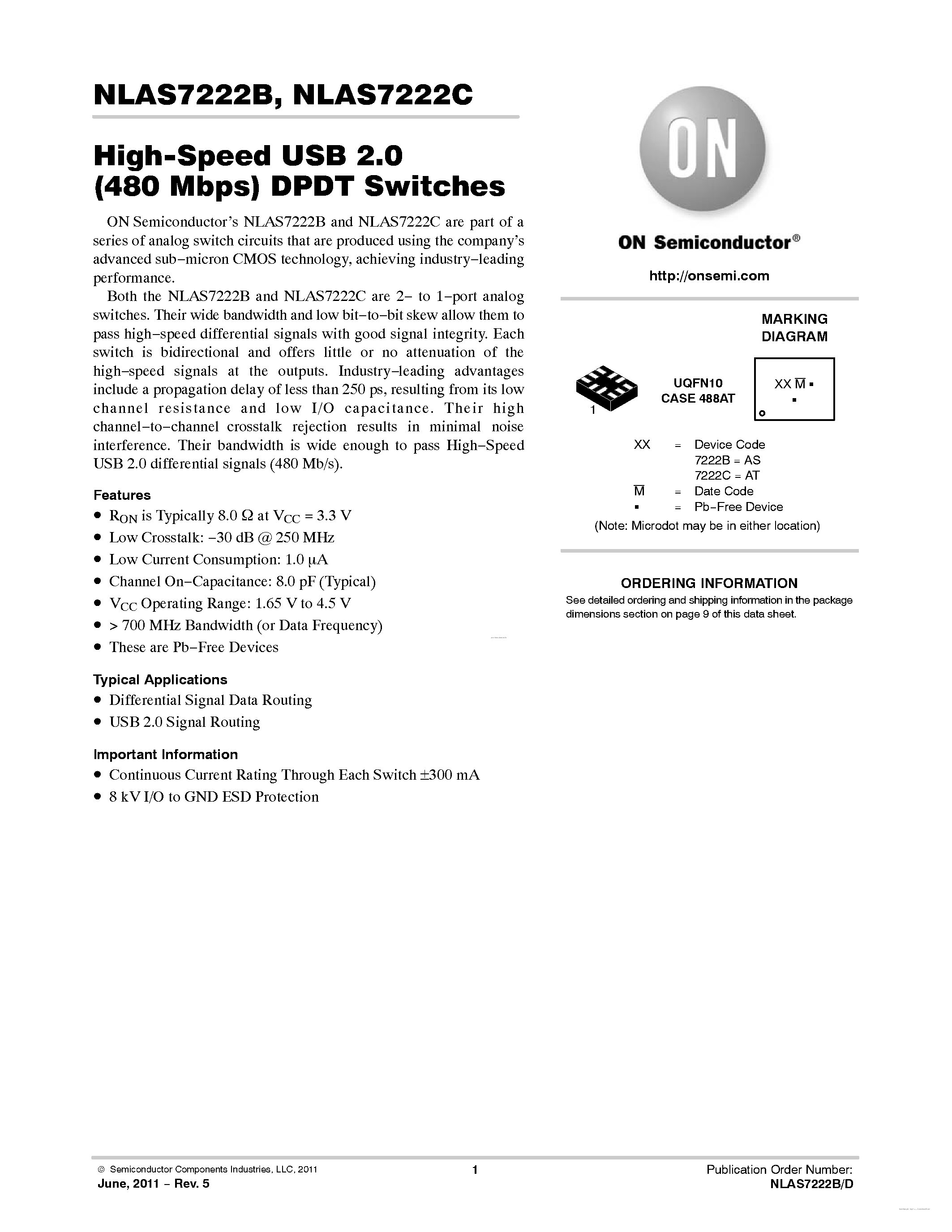 Даташит NLAS7222V - (NLAS7222B/C) High-Speed USB 2.0 (480 Mbps) DPDT Switches страница 1