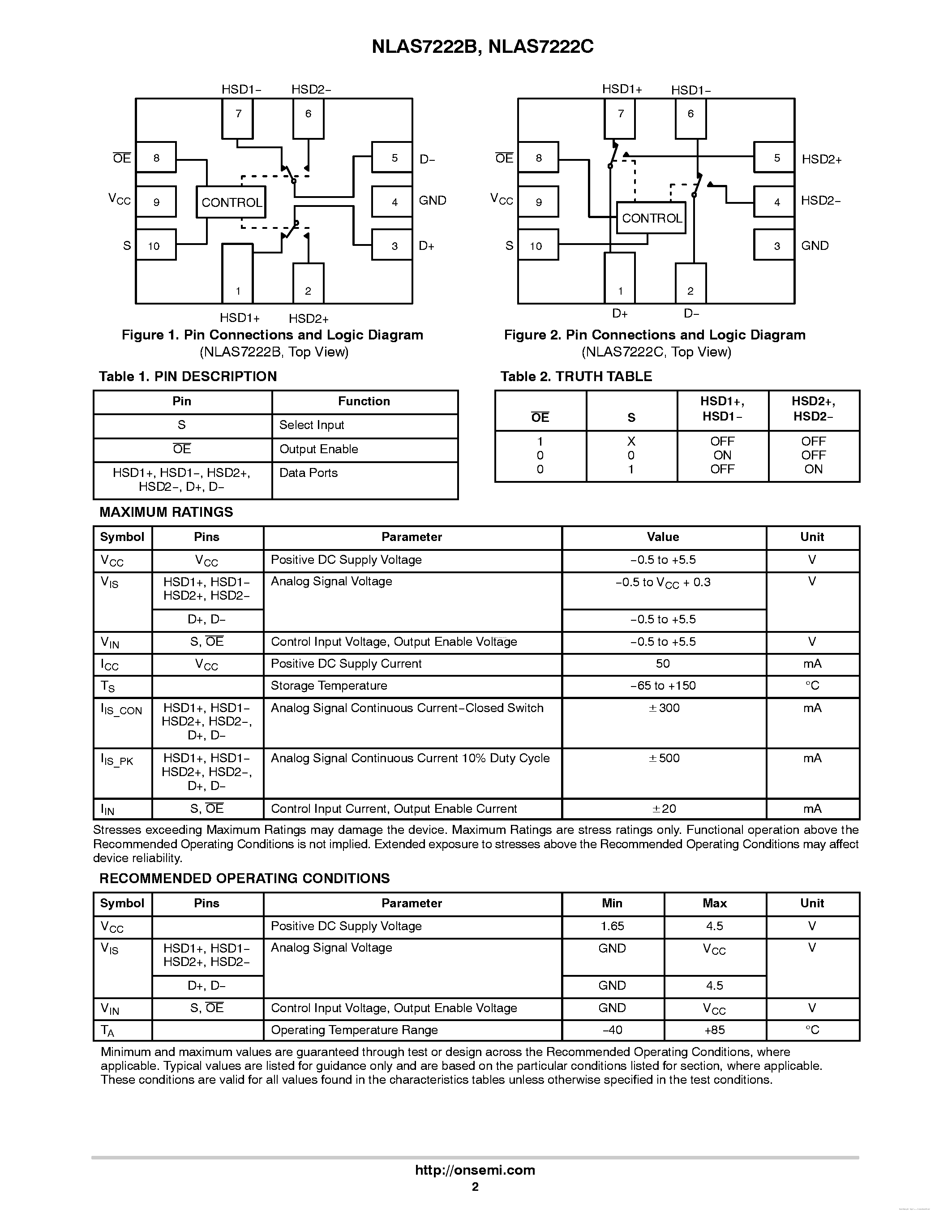 Даташит на микросхему NLAS7222V страница 2 Даташит NLAS7222V - (NLAS7222B/C) High-Speed USB 2.0 (480 Mbps) DPDT Switches страница 2