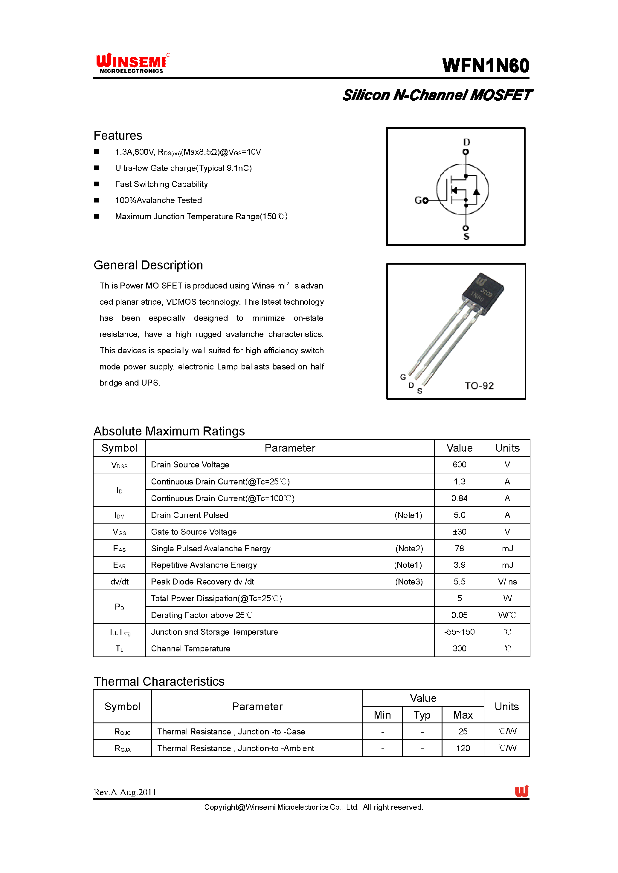 Datasheet WFN1N60 - Silicon N-Channel MOSFET page 1