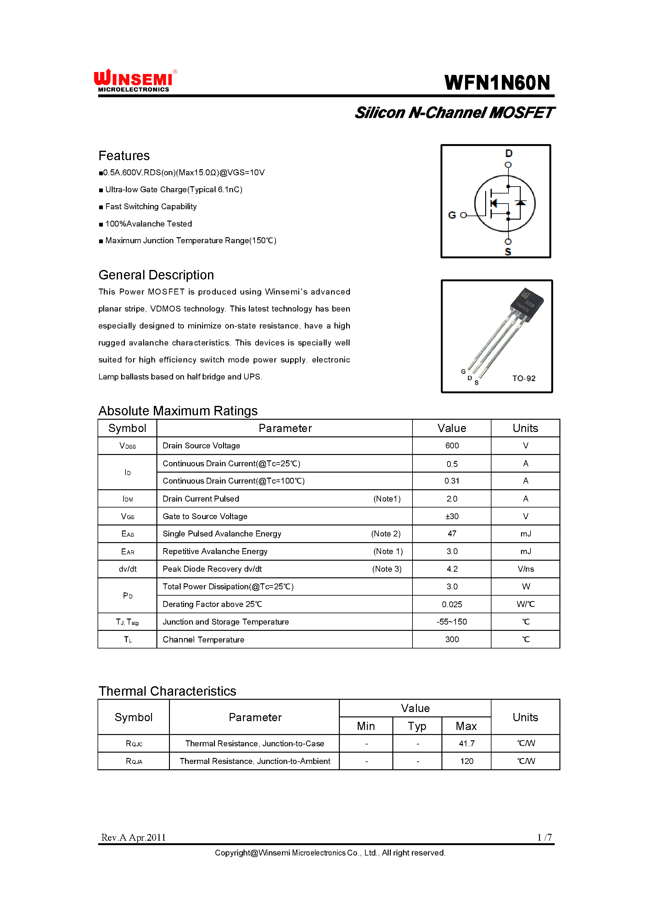 Datasheet WFN1N60N - Silicon N-Channel MOSFET page 1
