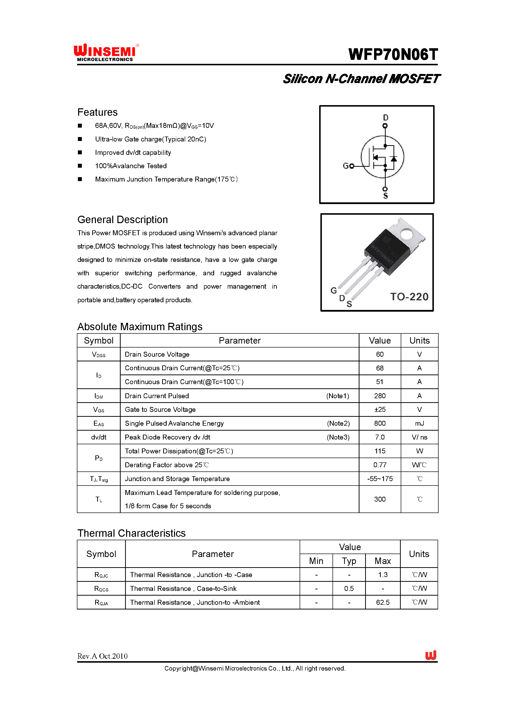 Datasheet WFP70N06T - Silicon N-Channel MOSFET page 1