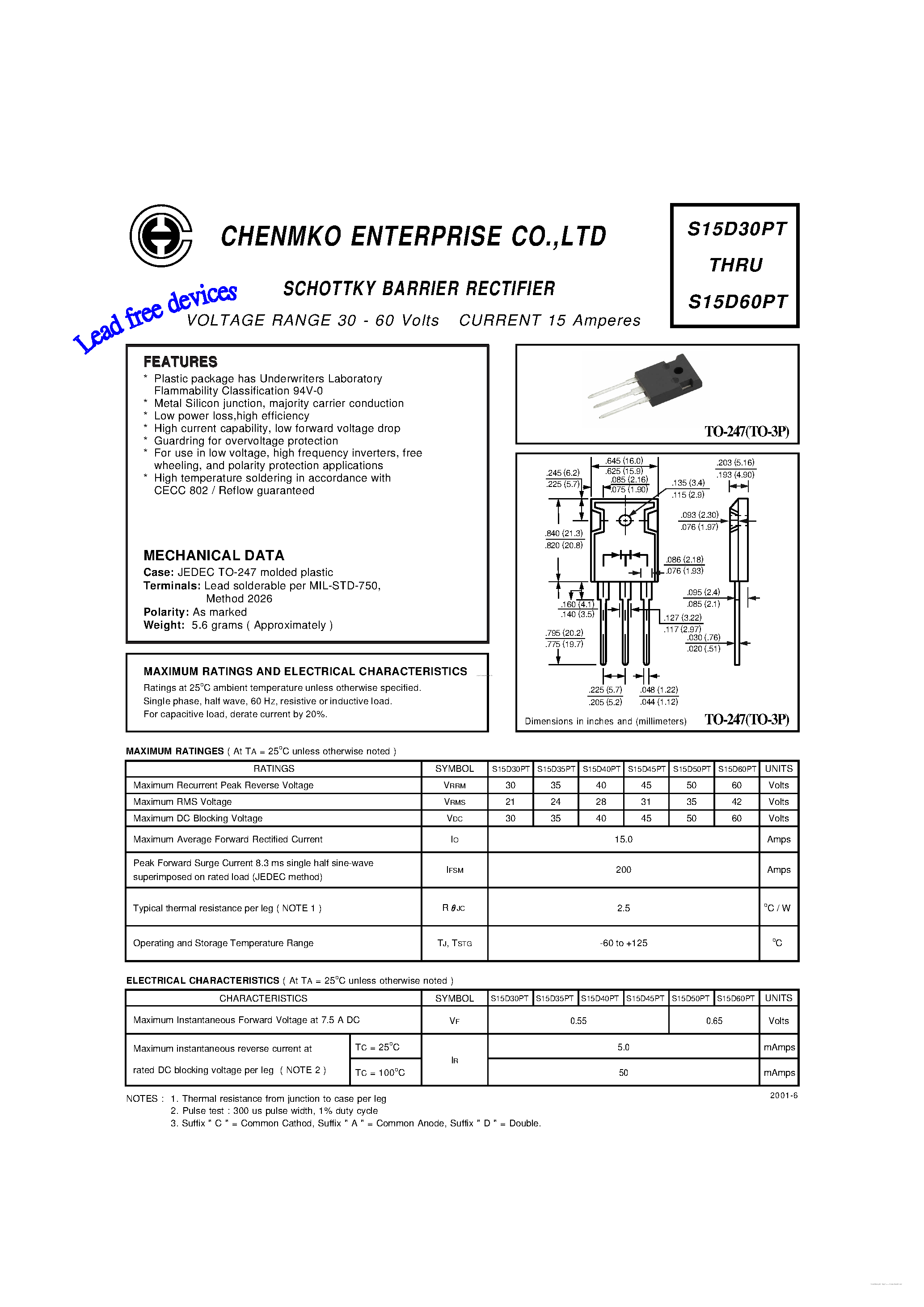 Datasheet S15D30PT - (S15D30PT - S15D60PT) SCHOTTKY BARRIER RECTIFIER page 1
