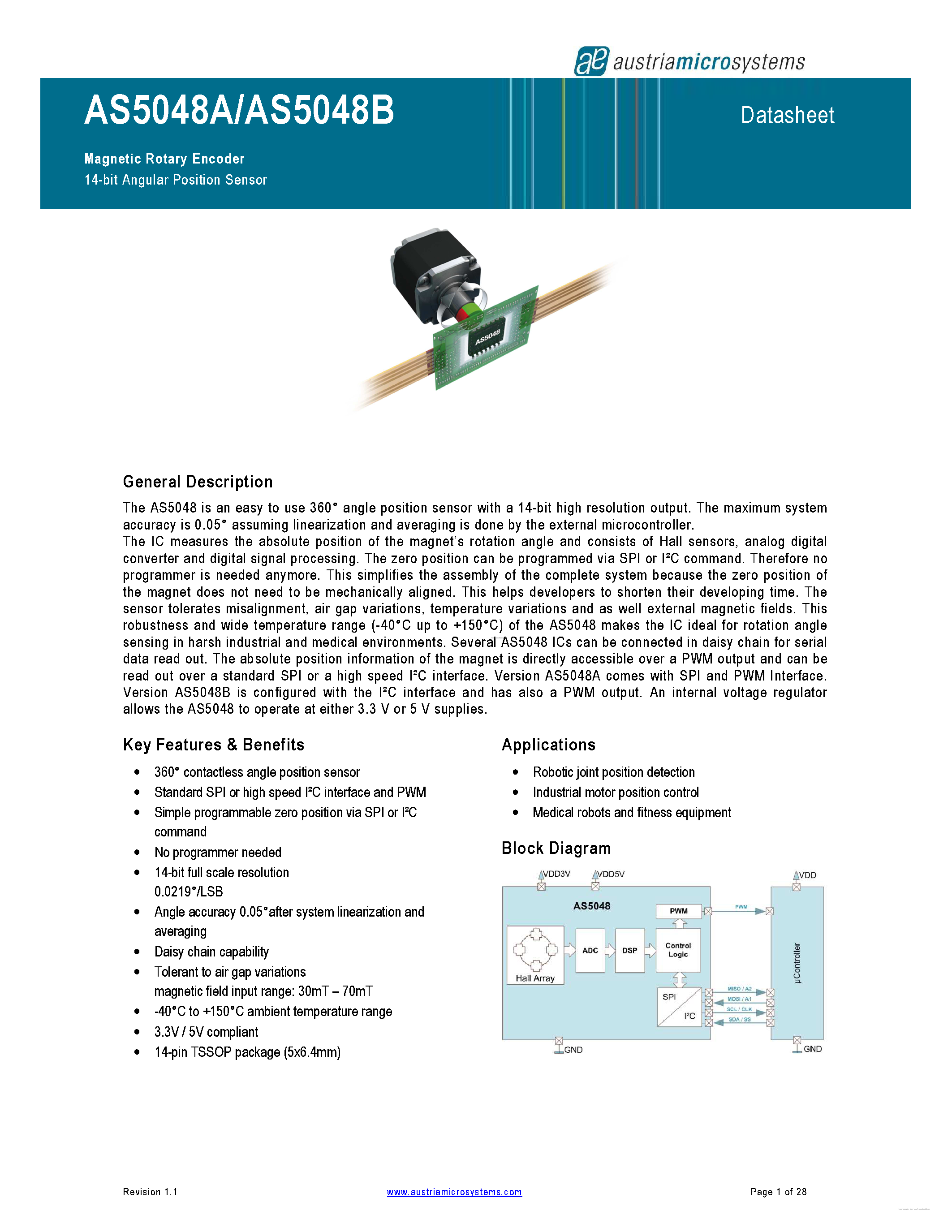 Даташит на микросхему AS5048A страница 1 Даташит AS5048A - (AS5048A/B) Magnetic Rotary Encoder страница 1