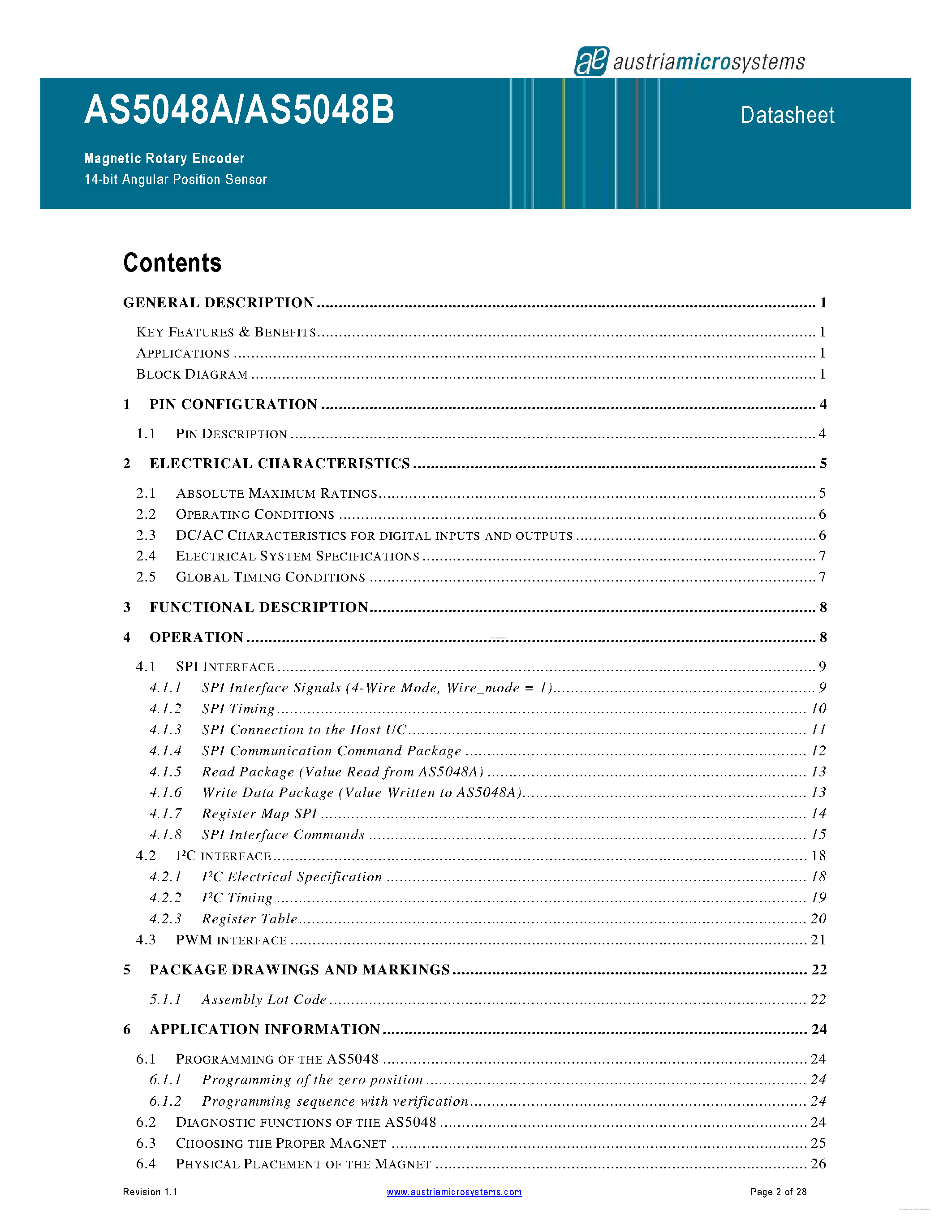 Даташит на микросхему AS5048A страница 2 Даташит AS5048A - (AS5048A/B) Magnetic Rotary Encoder страница 2