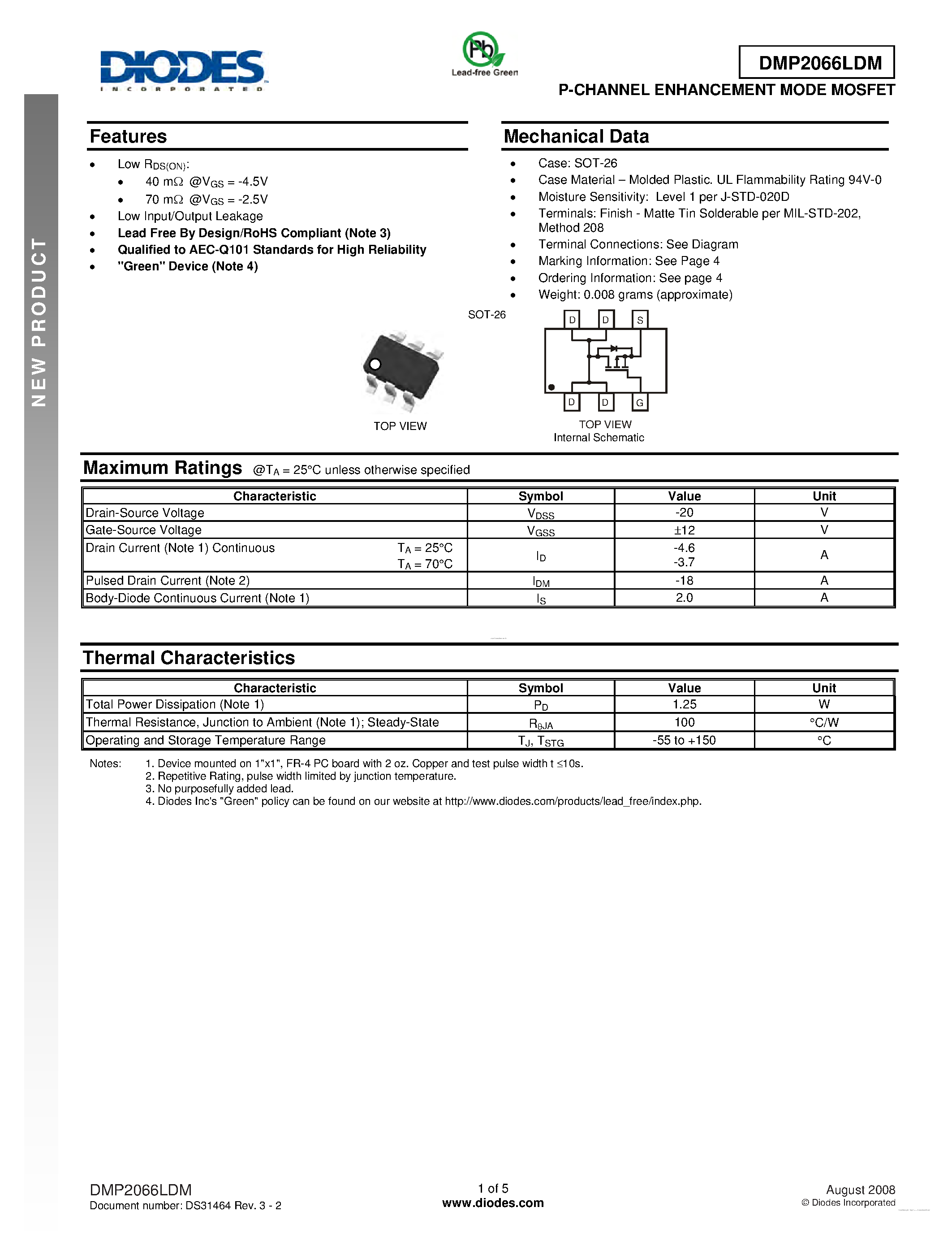 Даташит DMP2066LDM - P-CHANNEL ENHANCEMENT MODE MOSFET страница 1