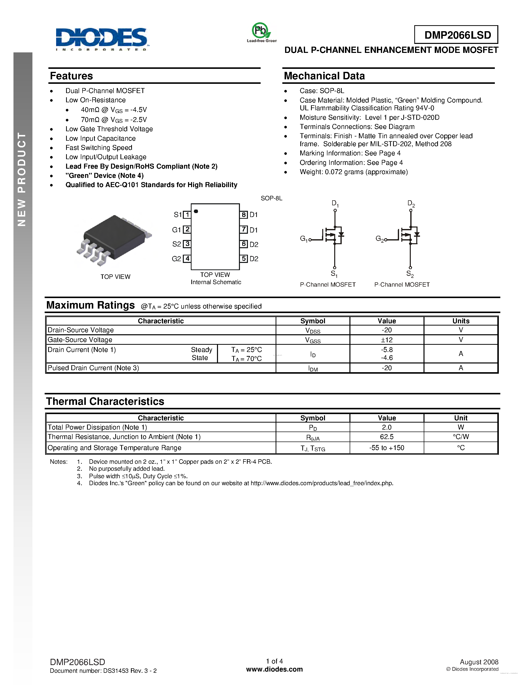 Даташит DMP2066LSD - DUAL P-CHANNEL ENHANCEMENT MODE MOSFET страница 1