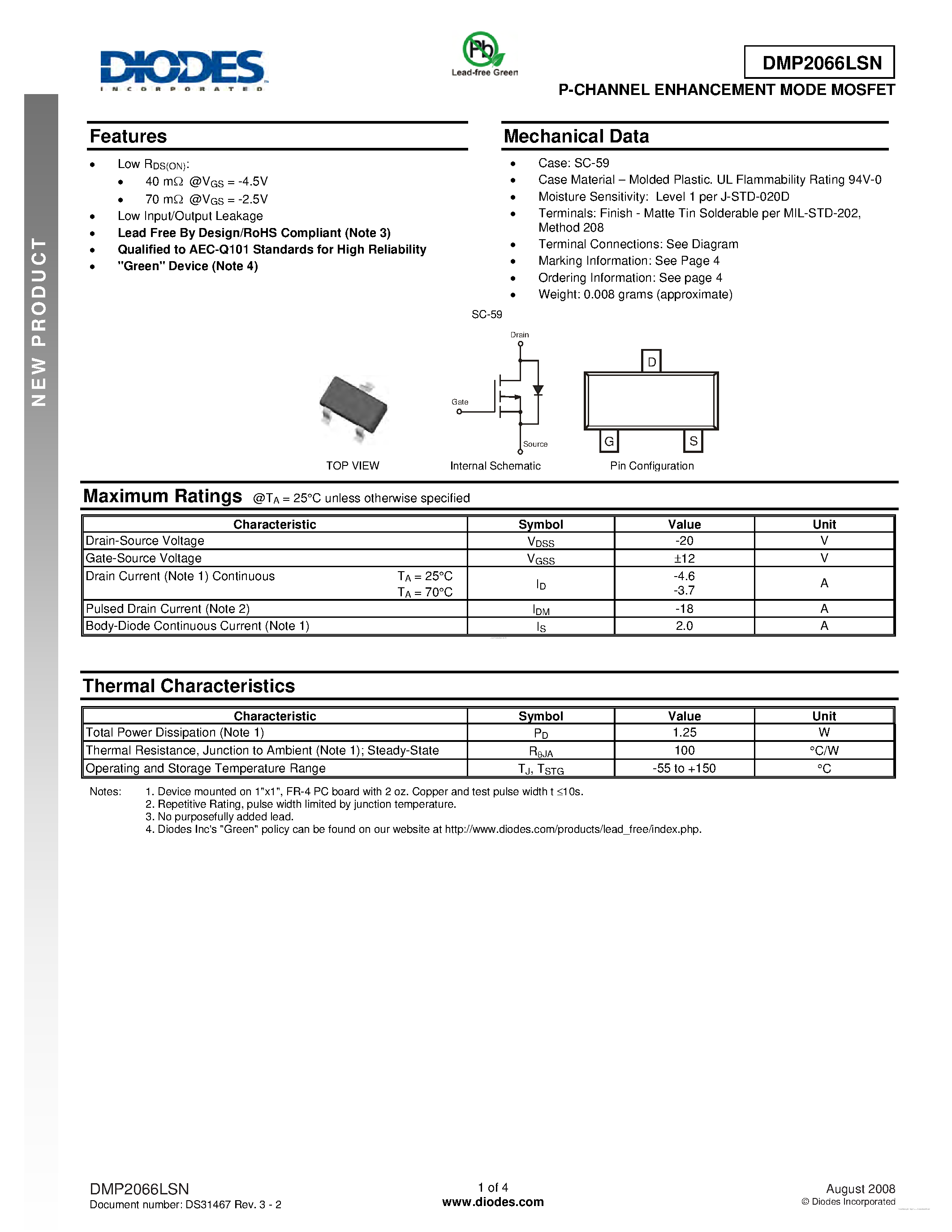 Даташит DMP2066LSN - P-CHANNEL ENHANCEMENT MODE MOSFET страница 1