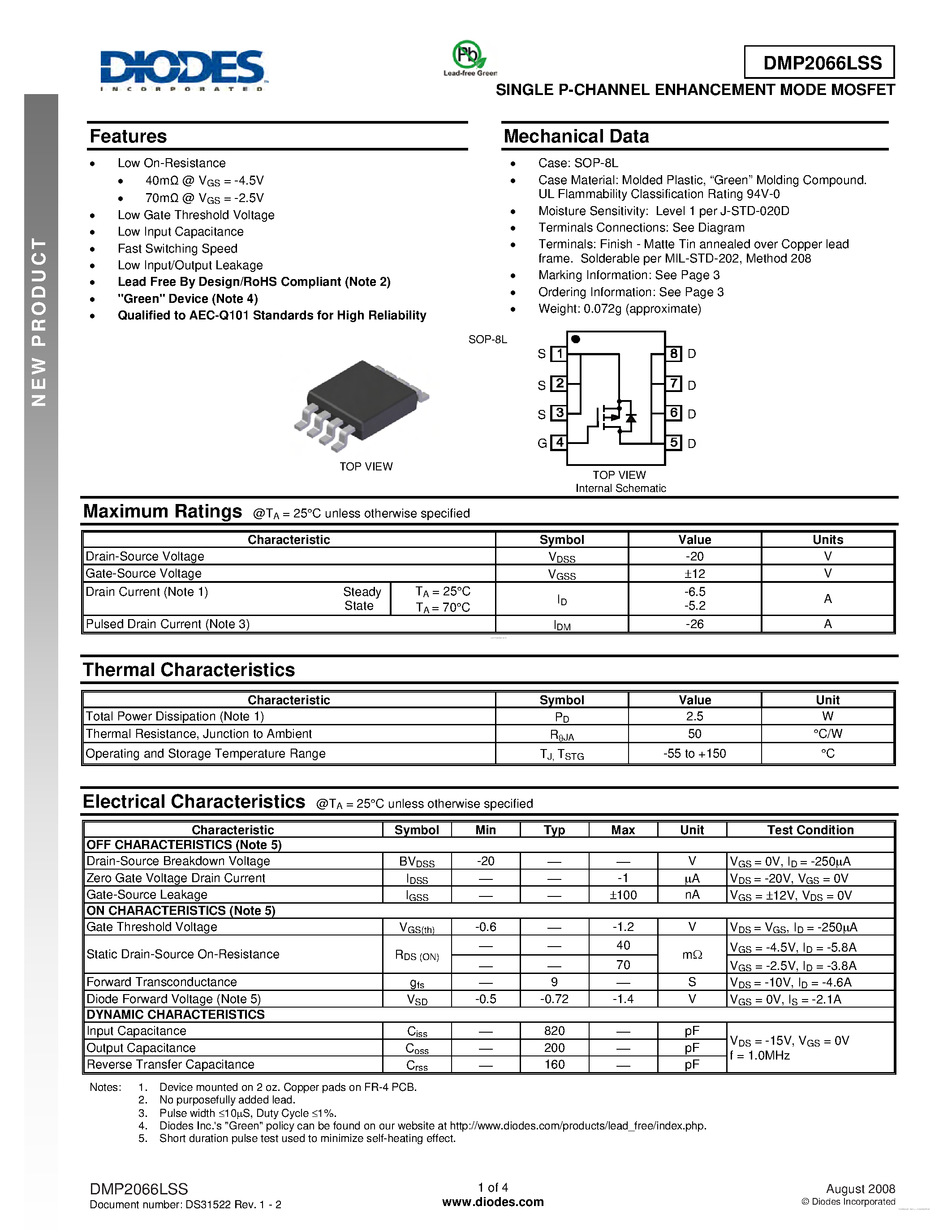 Даташит DMP2066LSS - SINGLE P-CHANNEL ENHANCEMENT MODE MOSFET страница 1