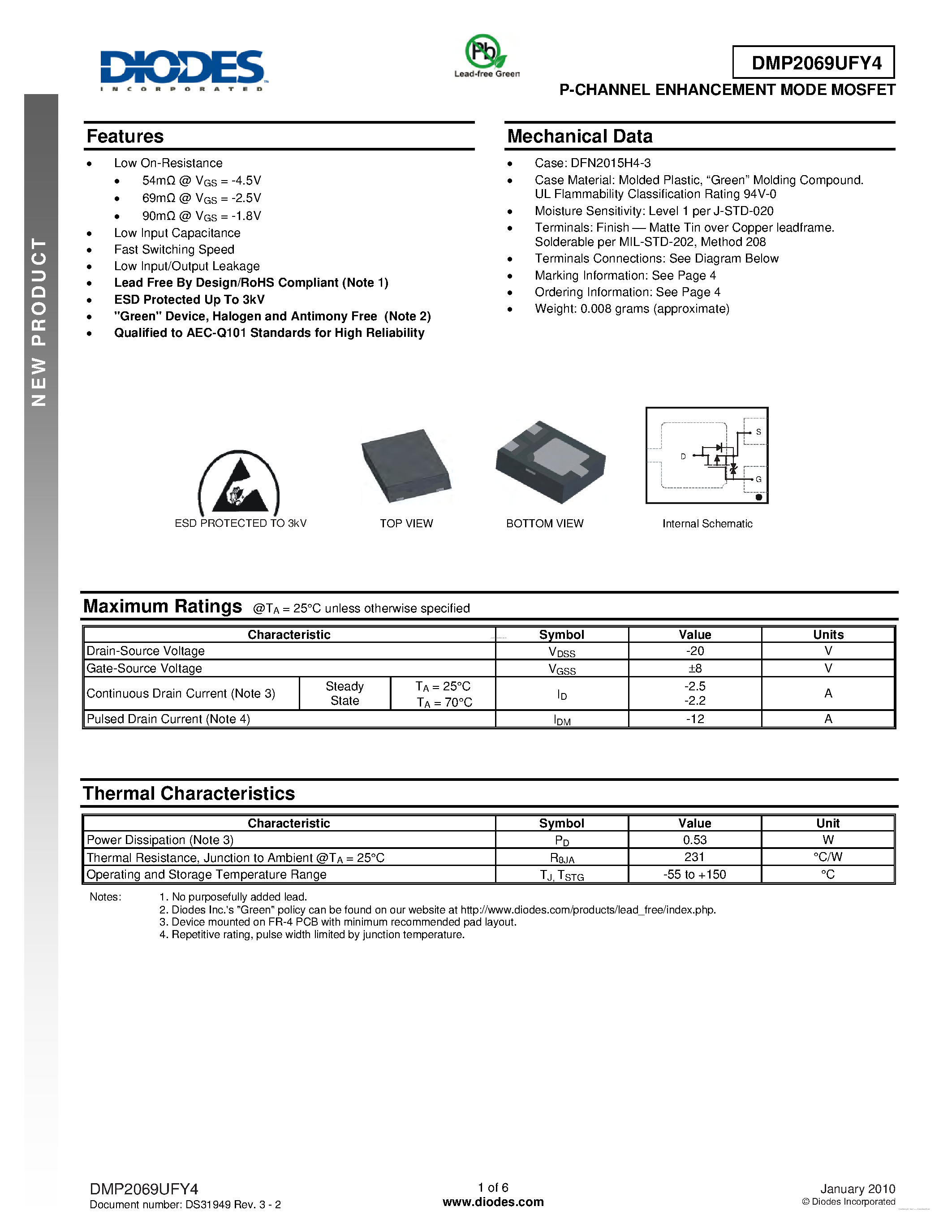 Даташит DMP2069UFY4 - P-CHANNEL ENHANCEMENT MODE MOSFET страница 1