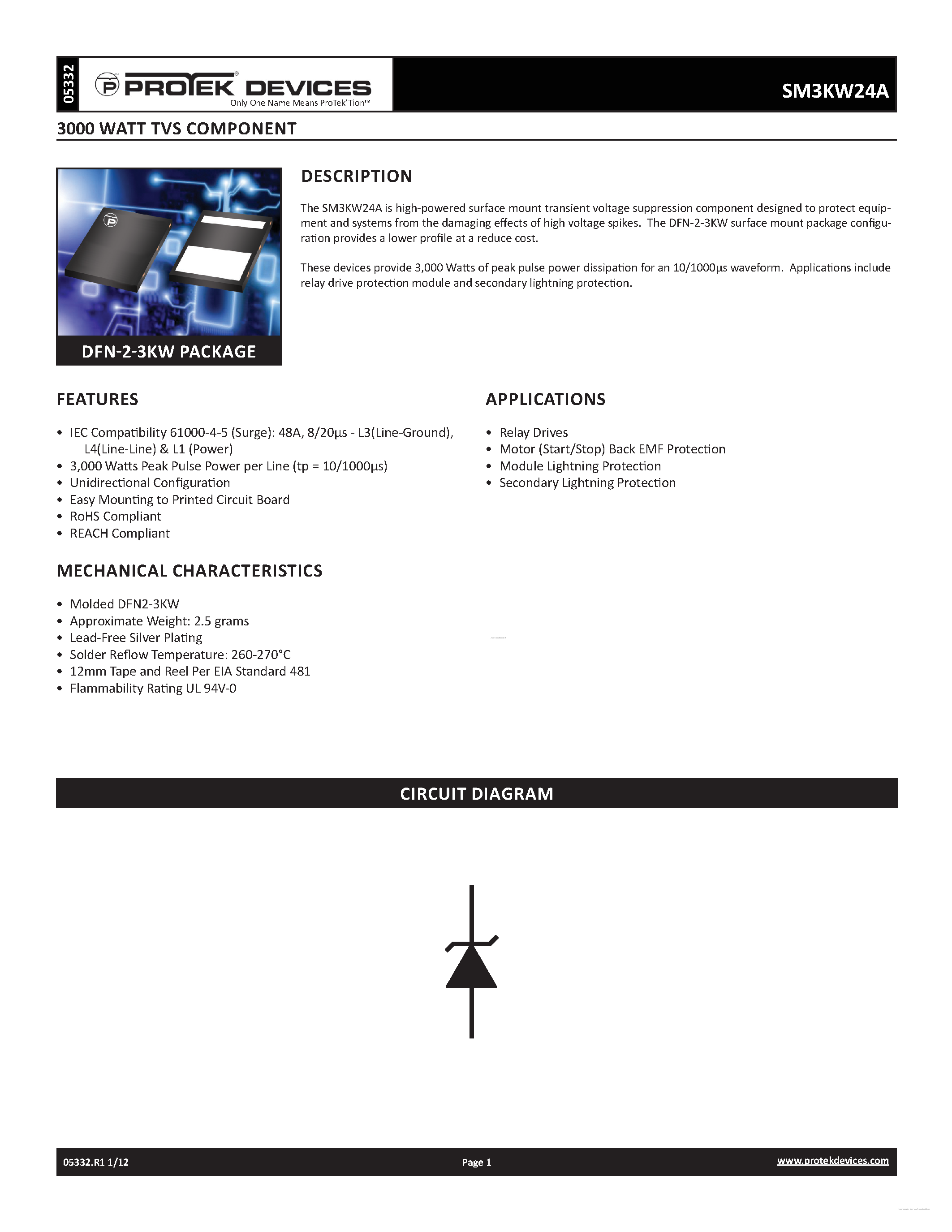 Datasheet SM3KW24A page 1 Datasheet SM3KW24A - 3000 WATT TVS COMPONENT page 1