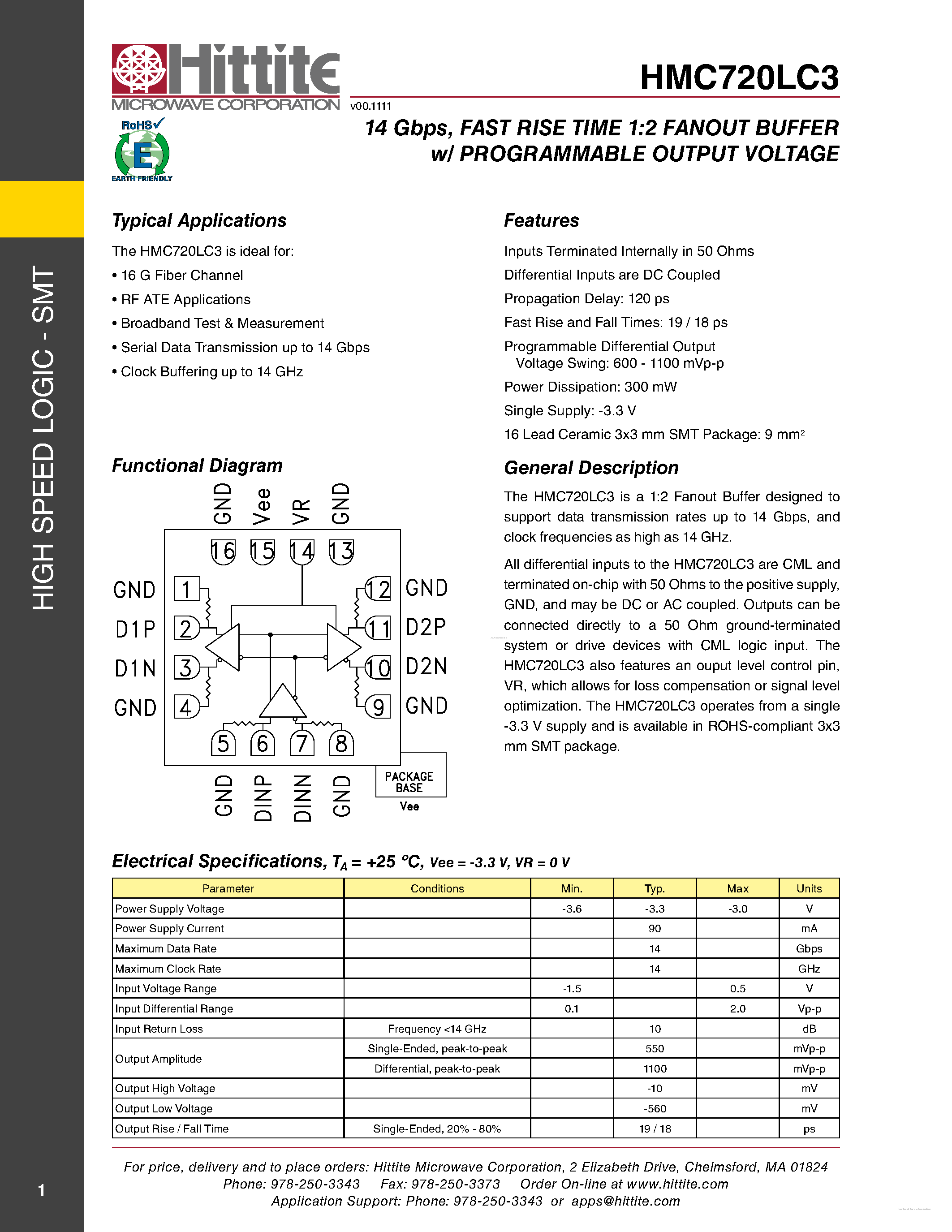 Datasheet HMC720LC3 - FAST RISE TIME 1:2 FANOUT BUFFER w/ PROGRAMMABLE OUTPUT VOLTAGE page 1