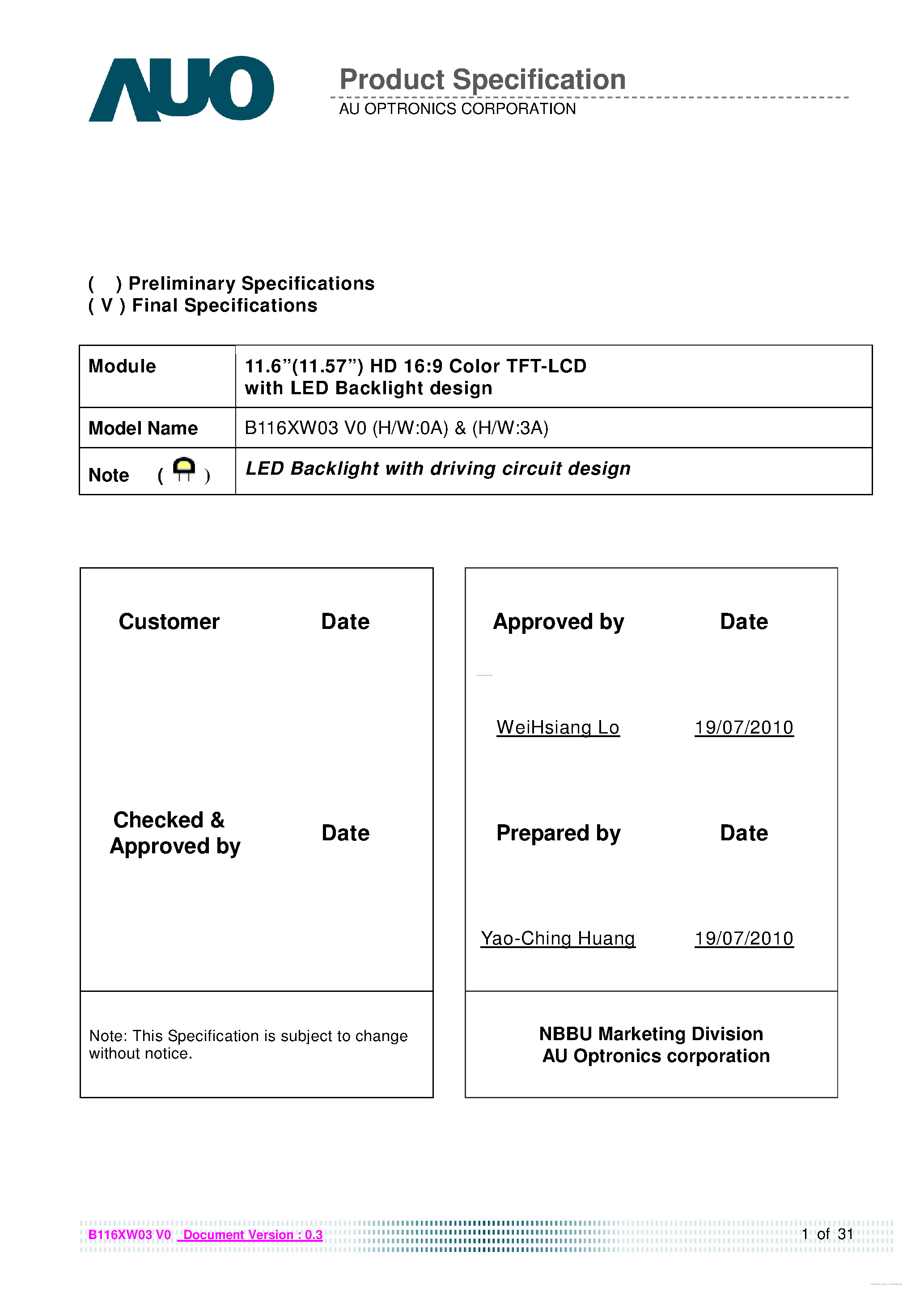 Даташит B116XW03-V0 - TFT-LCD MODULES страница 1