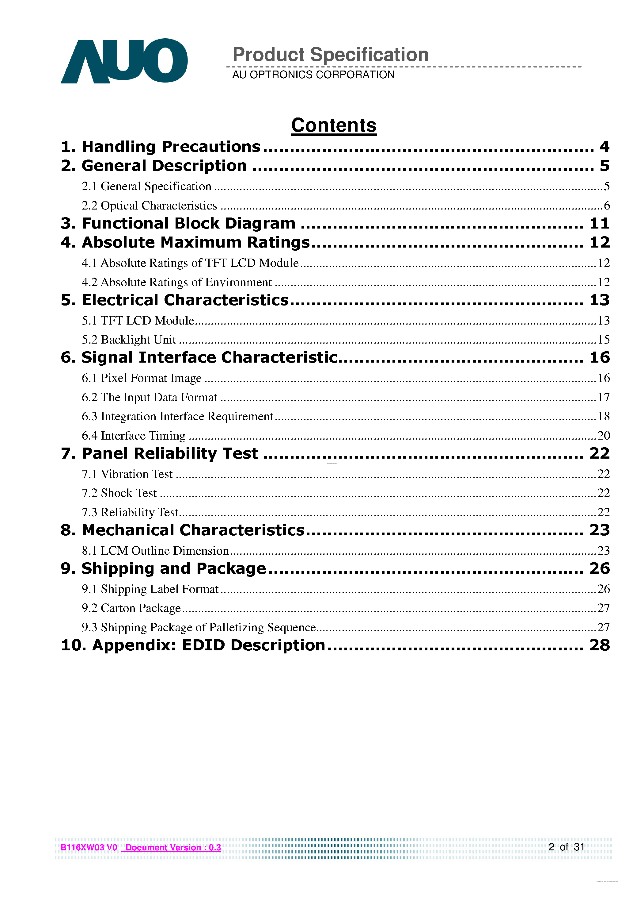 Даташит B116XW03-V0 - TFT-LCD MODULES страница 2