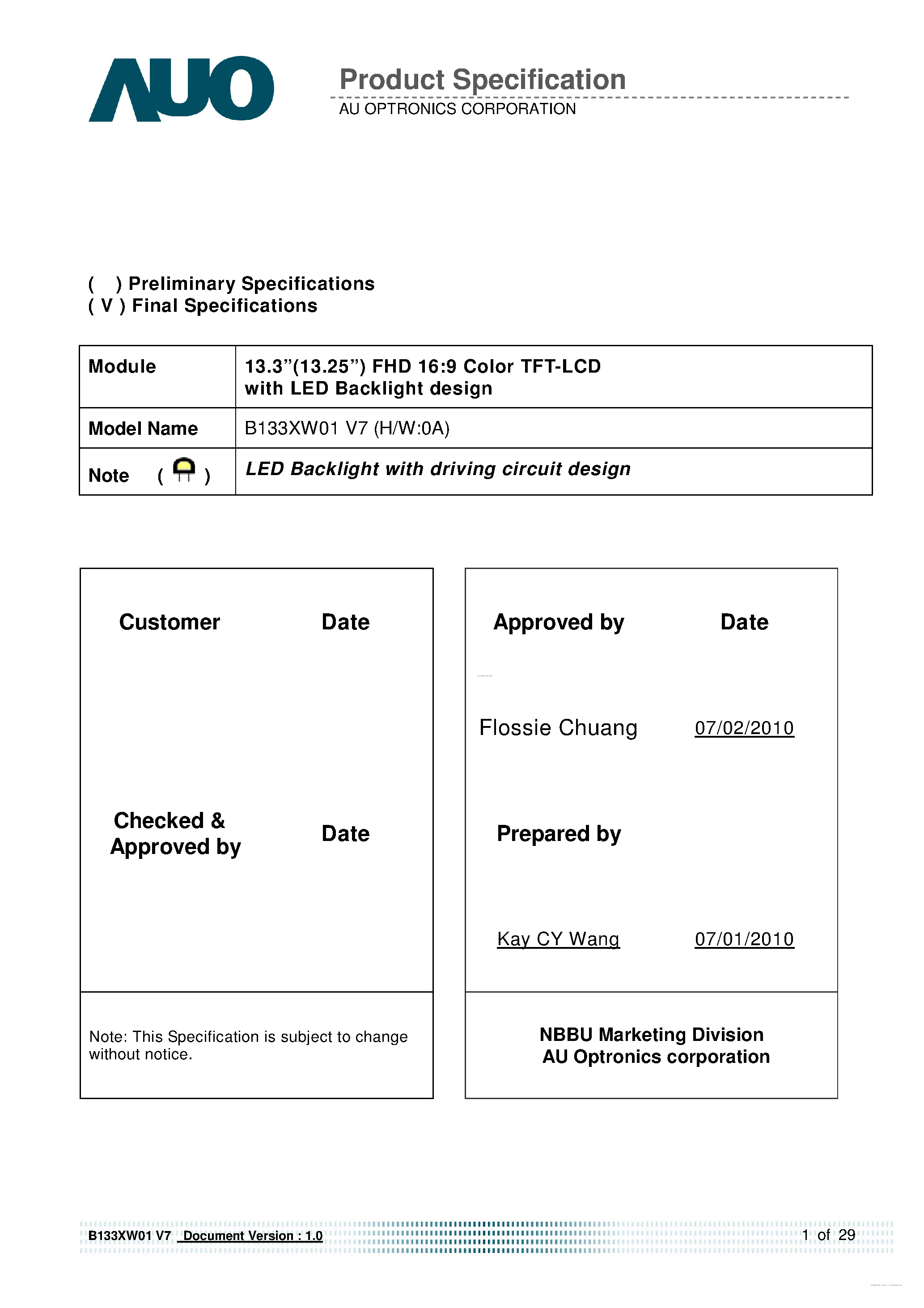 Даташит B133XW01-V7 - FHD 16:9 Color TFT-LCD страница 1