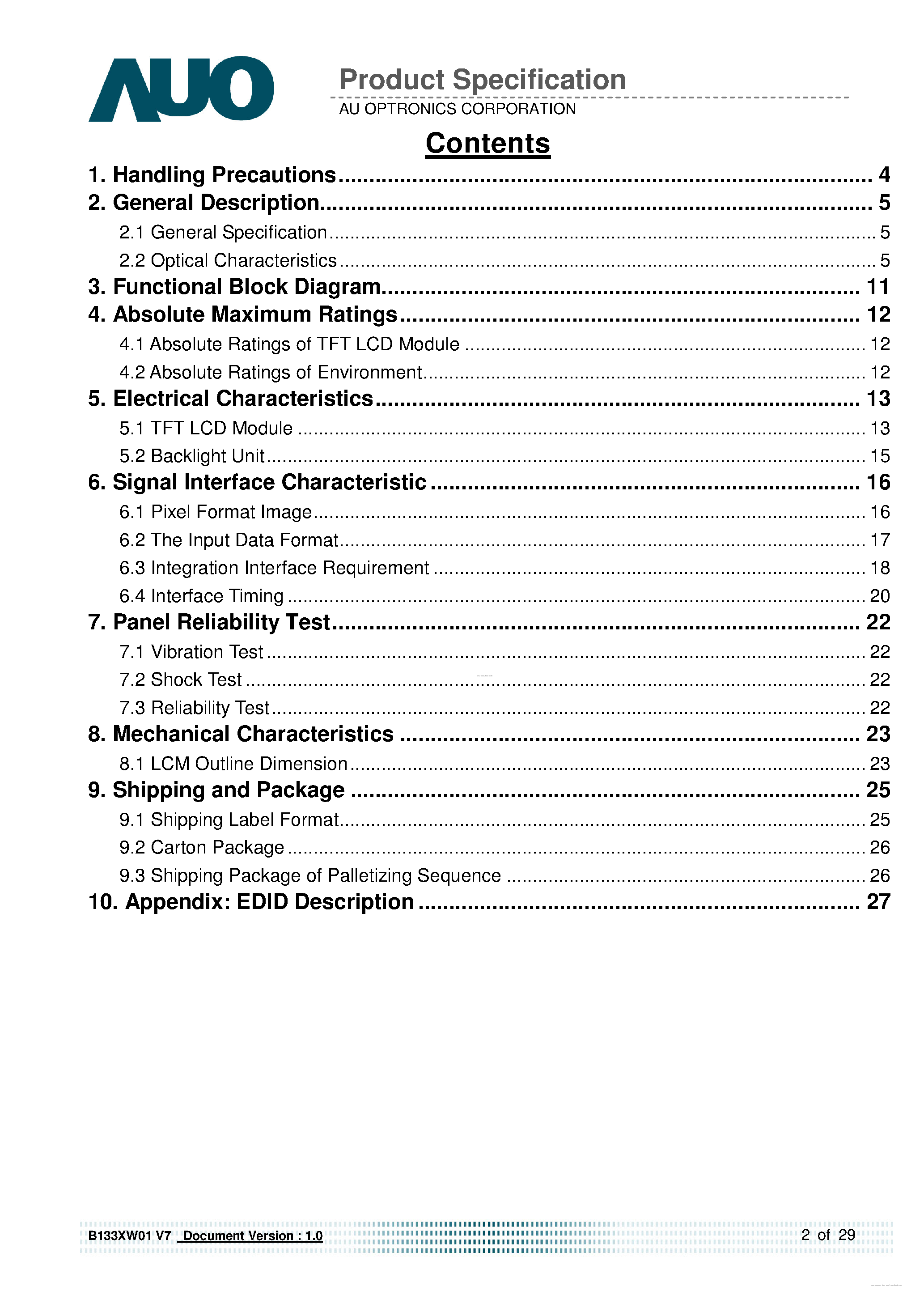 Даташит B133XW01-V7 - FHD 16:9 Color TFT-LCD страница 2