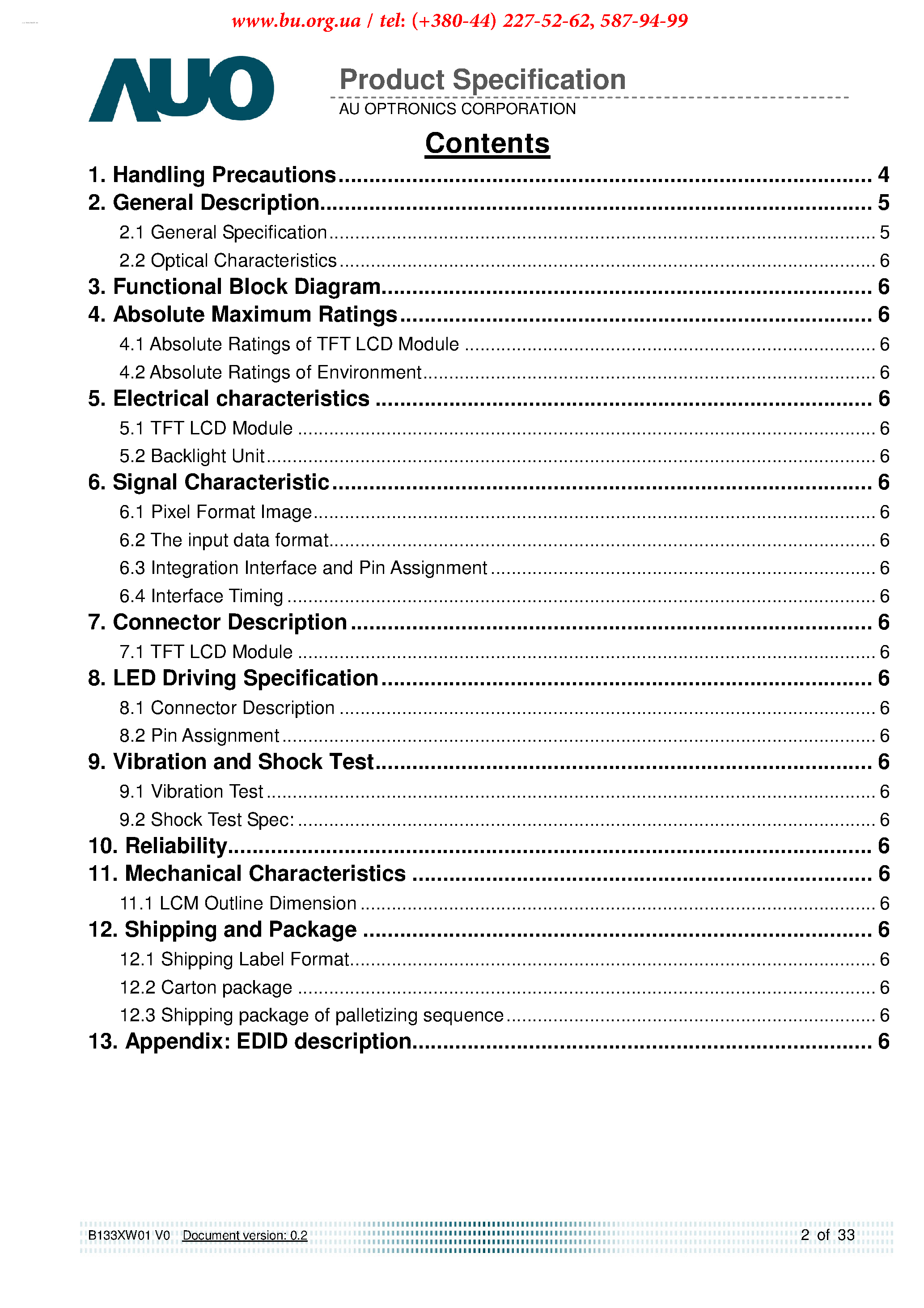 Даташит B133XW01-V0 - FHD 16:9 Color TFT-LCD страница 2