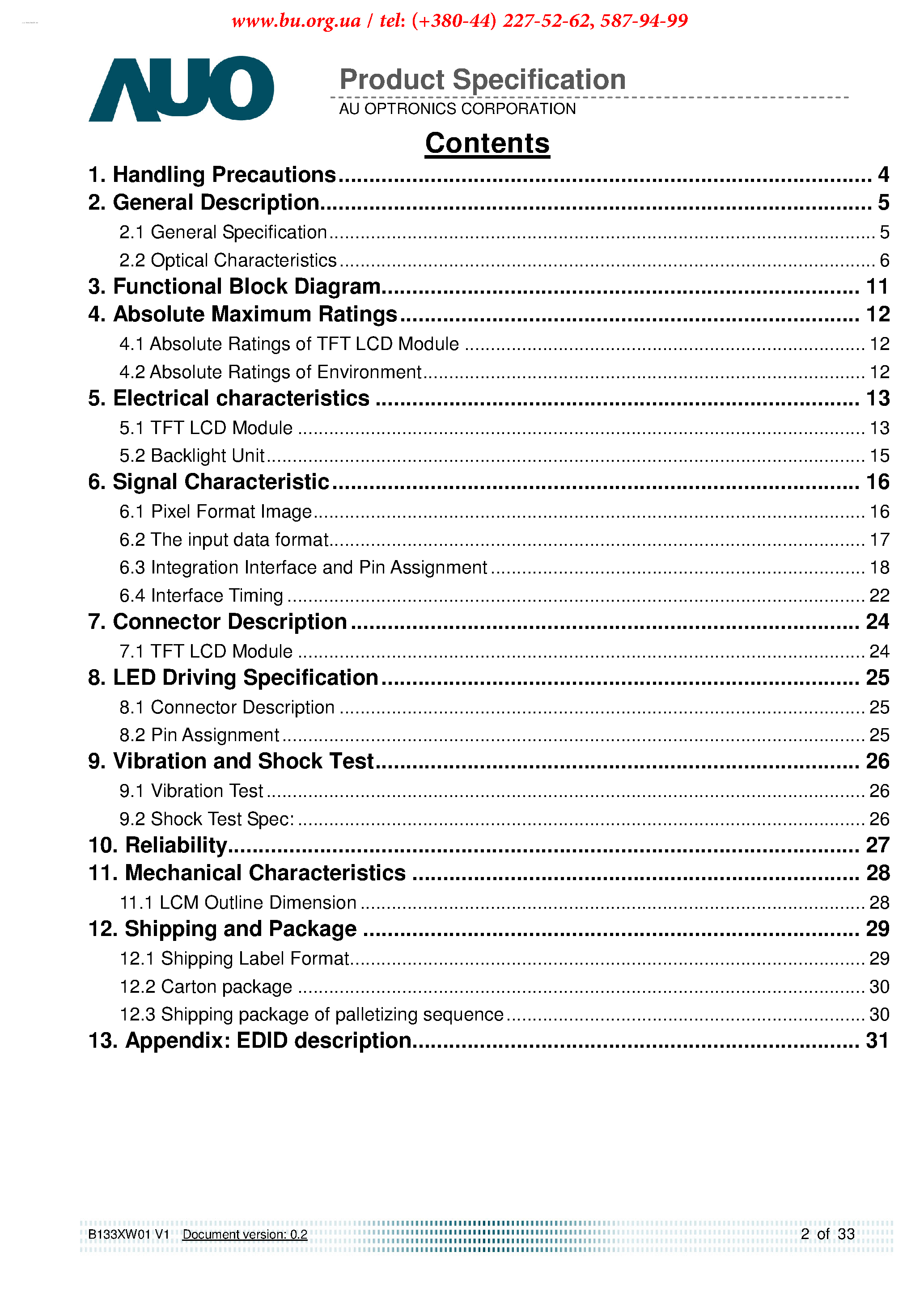 Даташит B133XW01-V1 - FHD 16:9 Color TFT-LCD страница 2