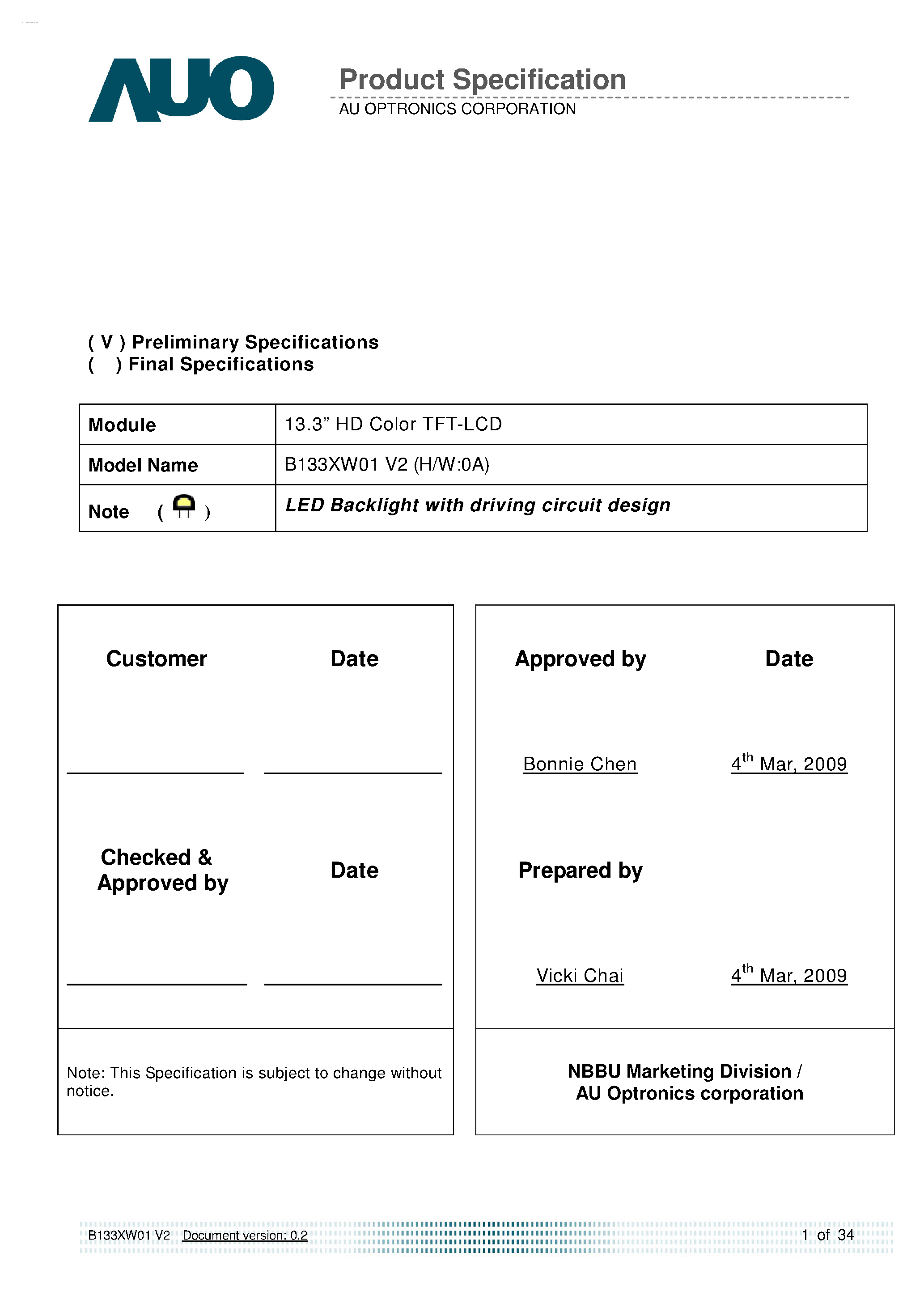 Даташит B133XW01-V2 - FHD 16:9 Color TFT-LCD страница 1