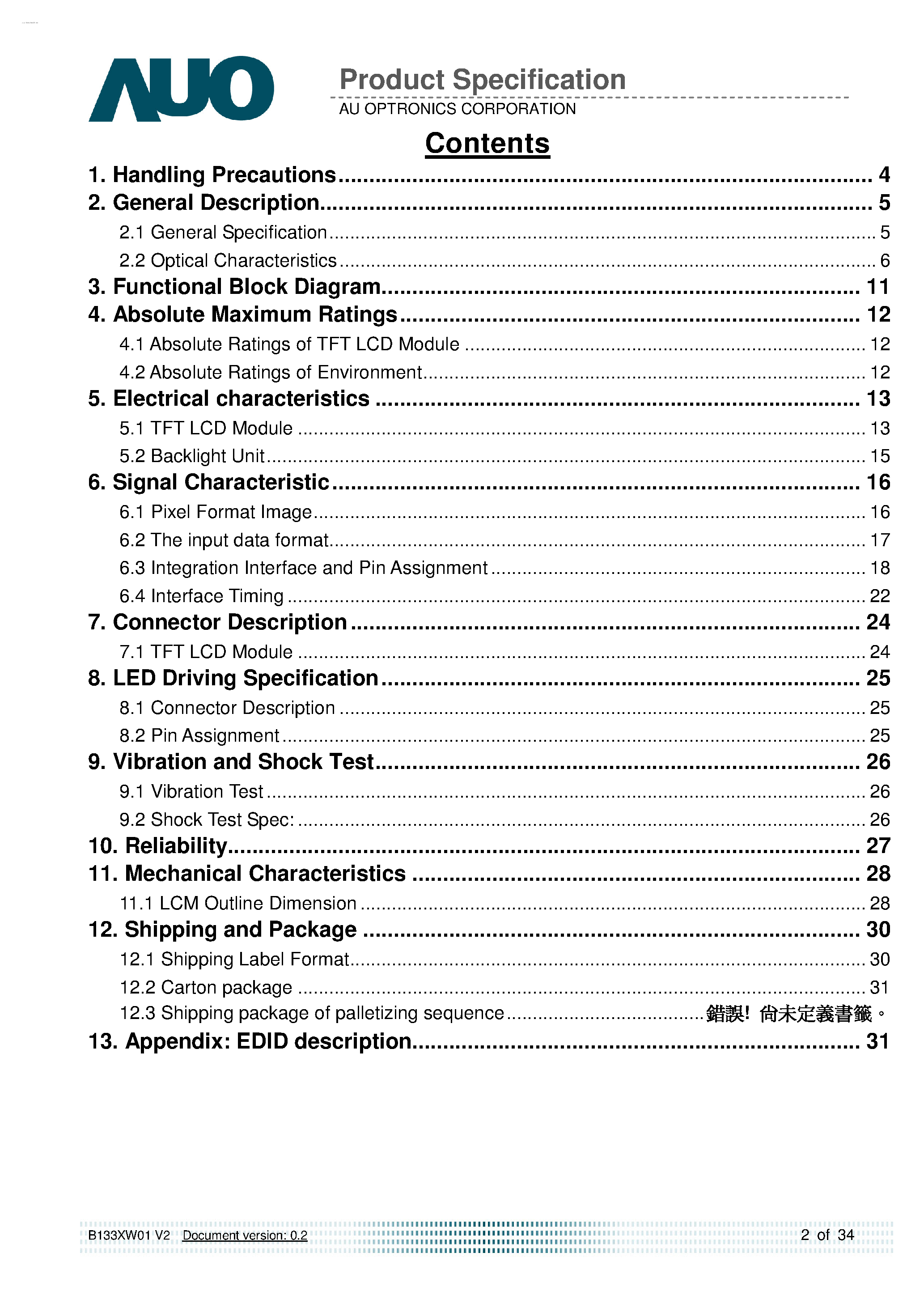 Даташит B133XW01-V2 - FHD 16:9 Color TFT-LCD страница 2