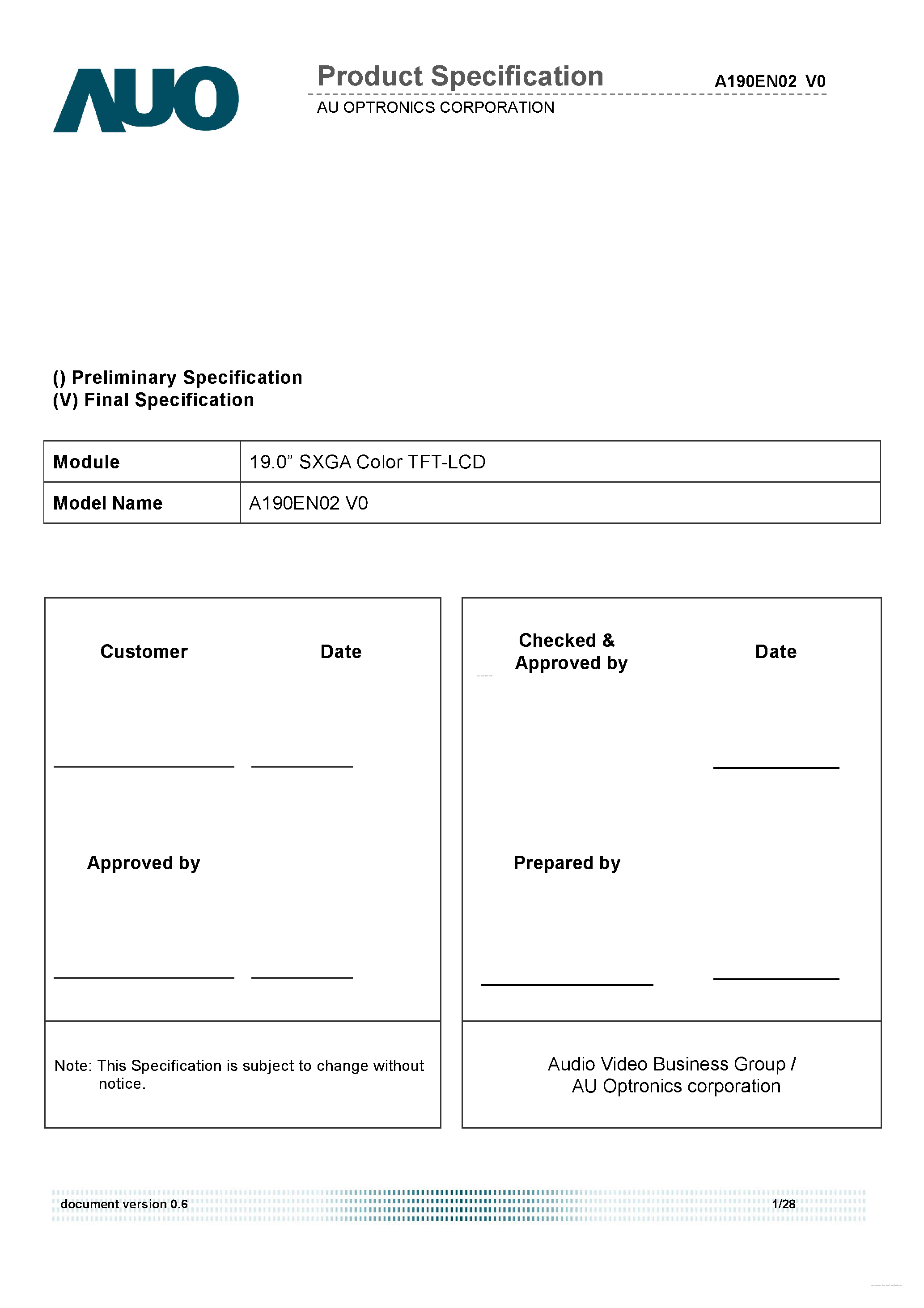 Даташит A190EN02-V0 - TFT LCD Module страница 1