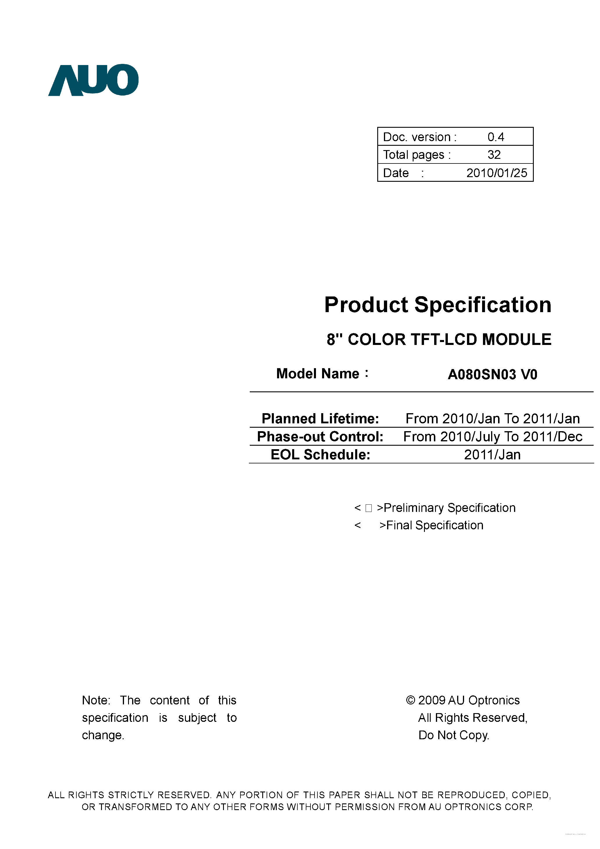 Даташит на микросхему A080SN03-V0 страница 2 Даташит A080SN03-V0 - TFT LCD Module страница 2