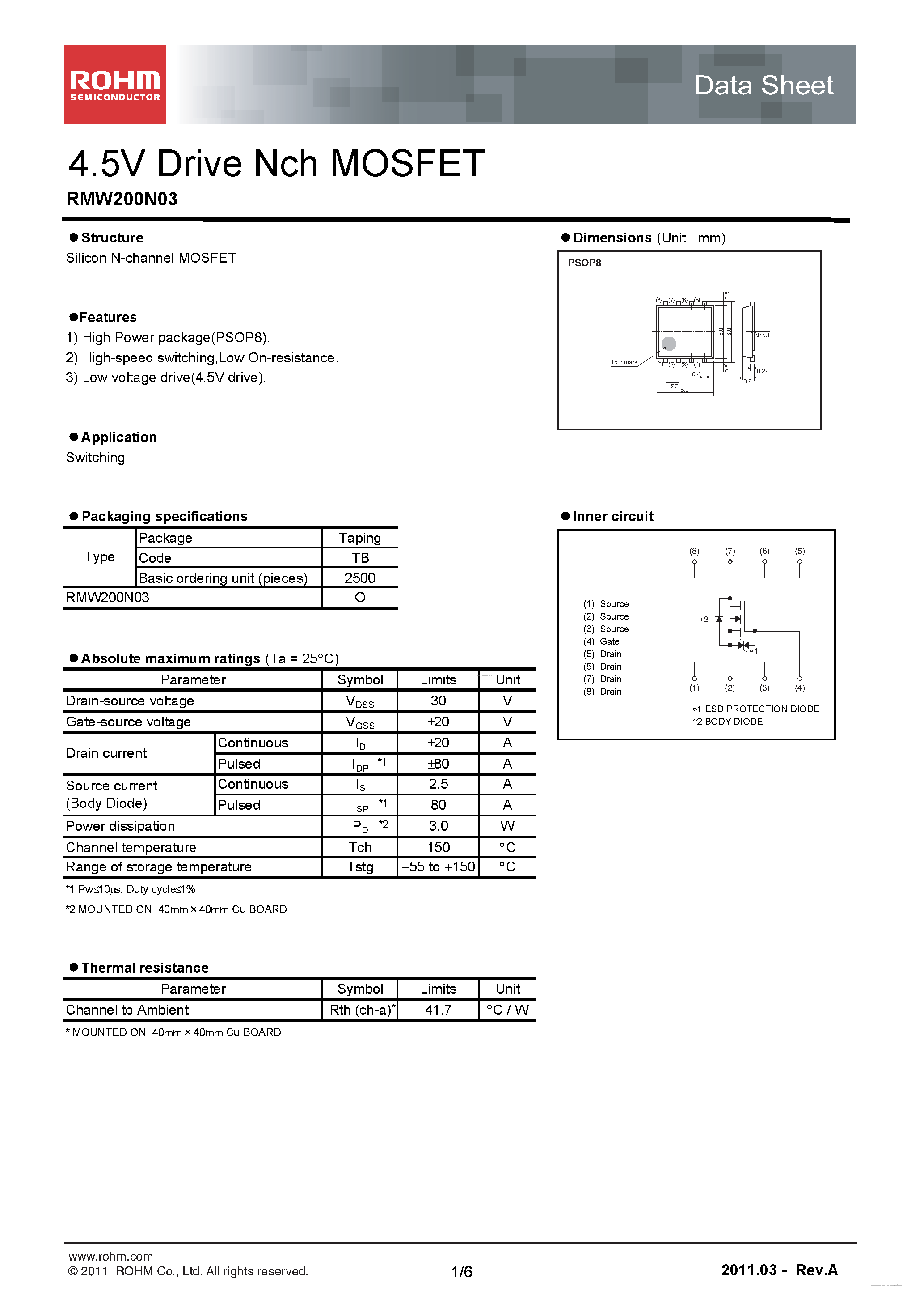 Datasheet RMW200N03 - 4.5V Drive Nch MOSFET page 1
