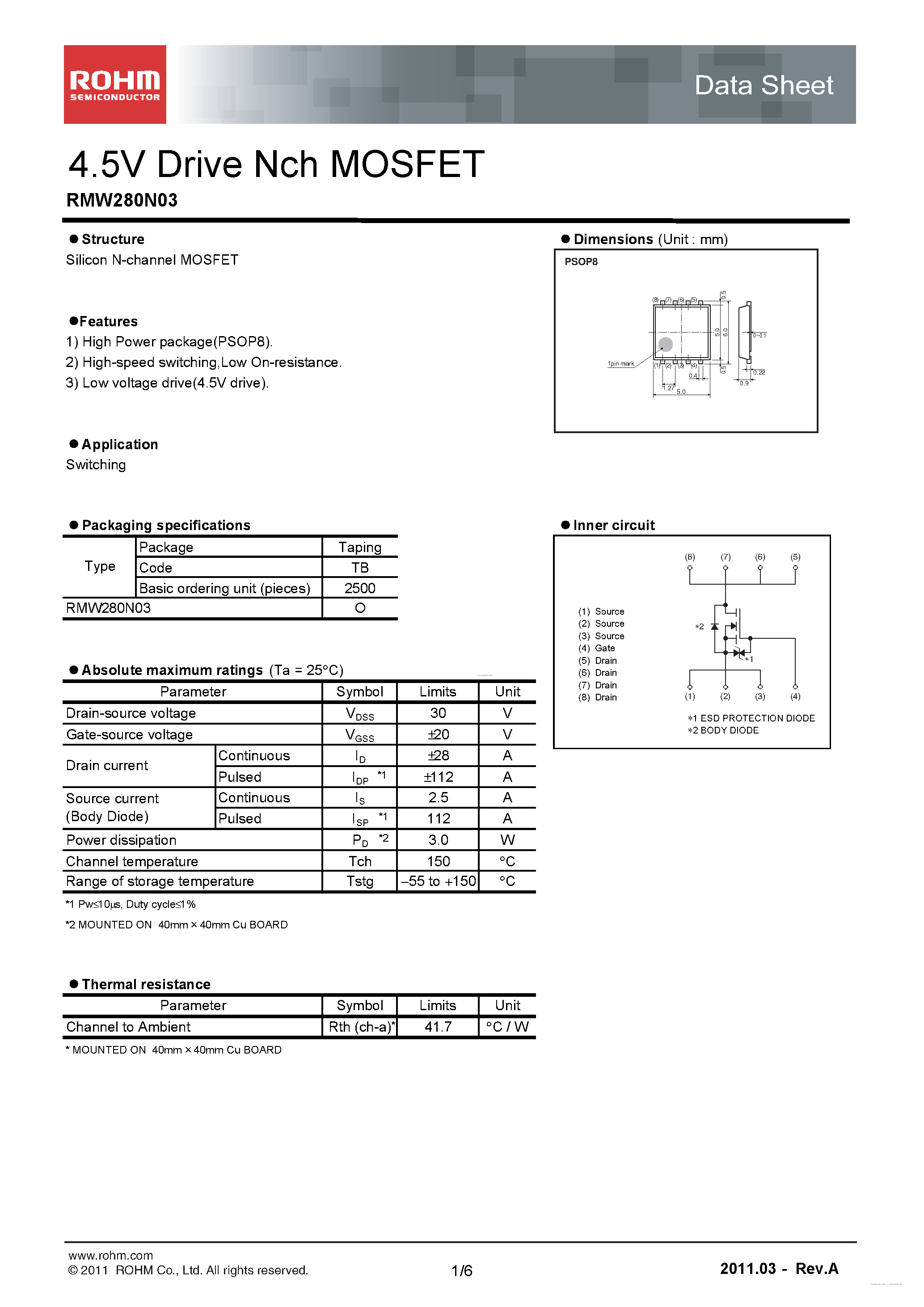 Datasheet RMW280N03 page 1 Datasheet RMW280N03 - 4.5V Drive Nch MOSFET page 1