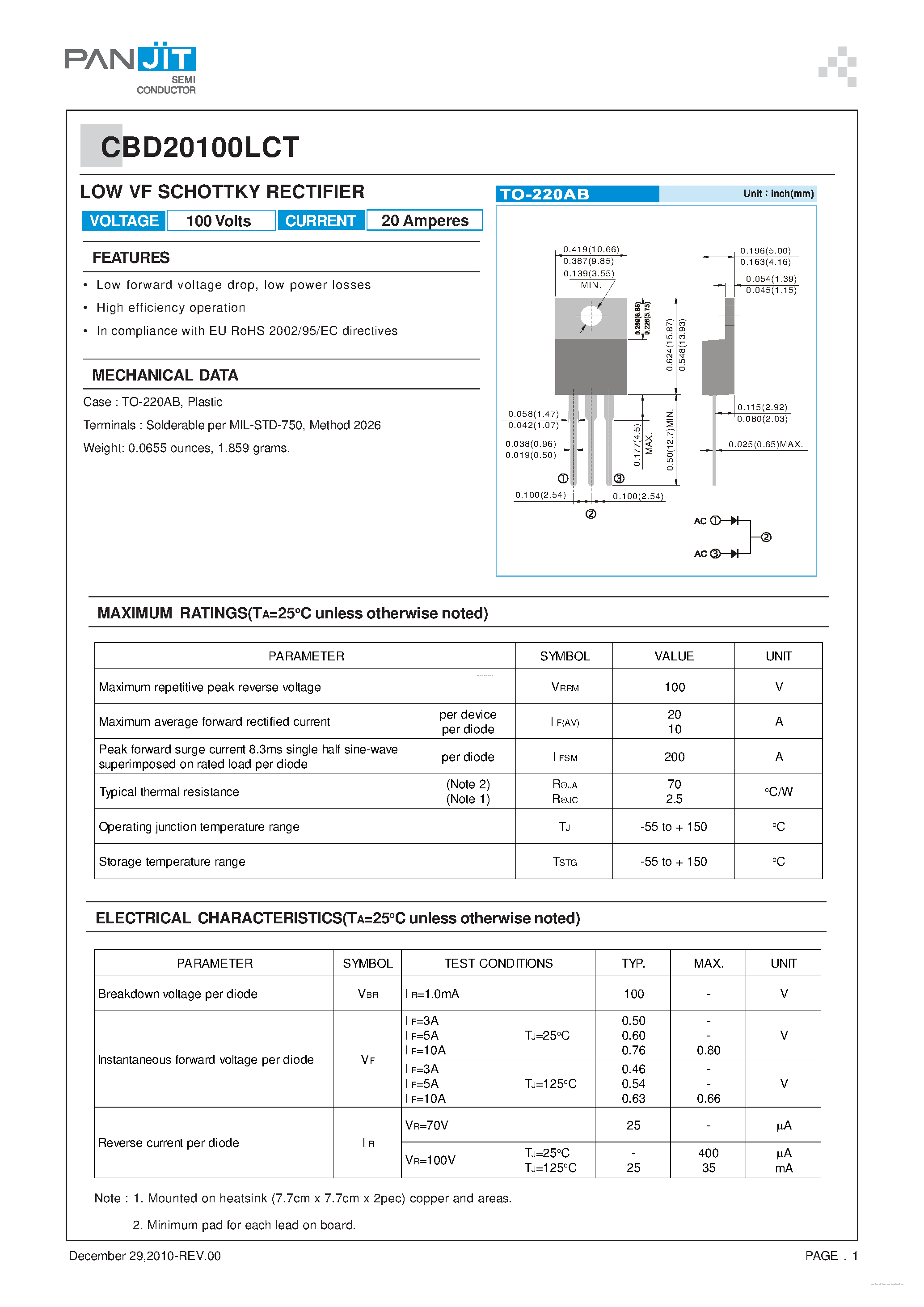 Datasheet CBD20100LCT - LOW VF SCHOTTKY RECTIFIER page 1