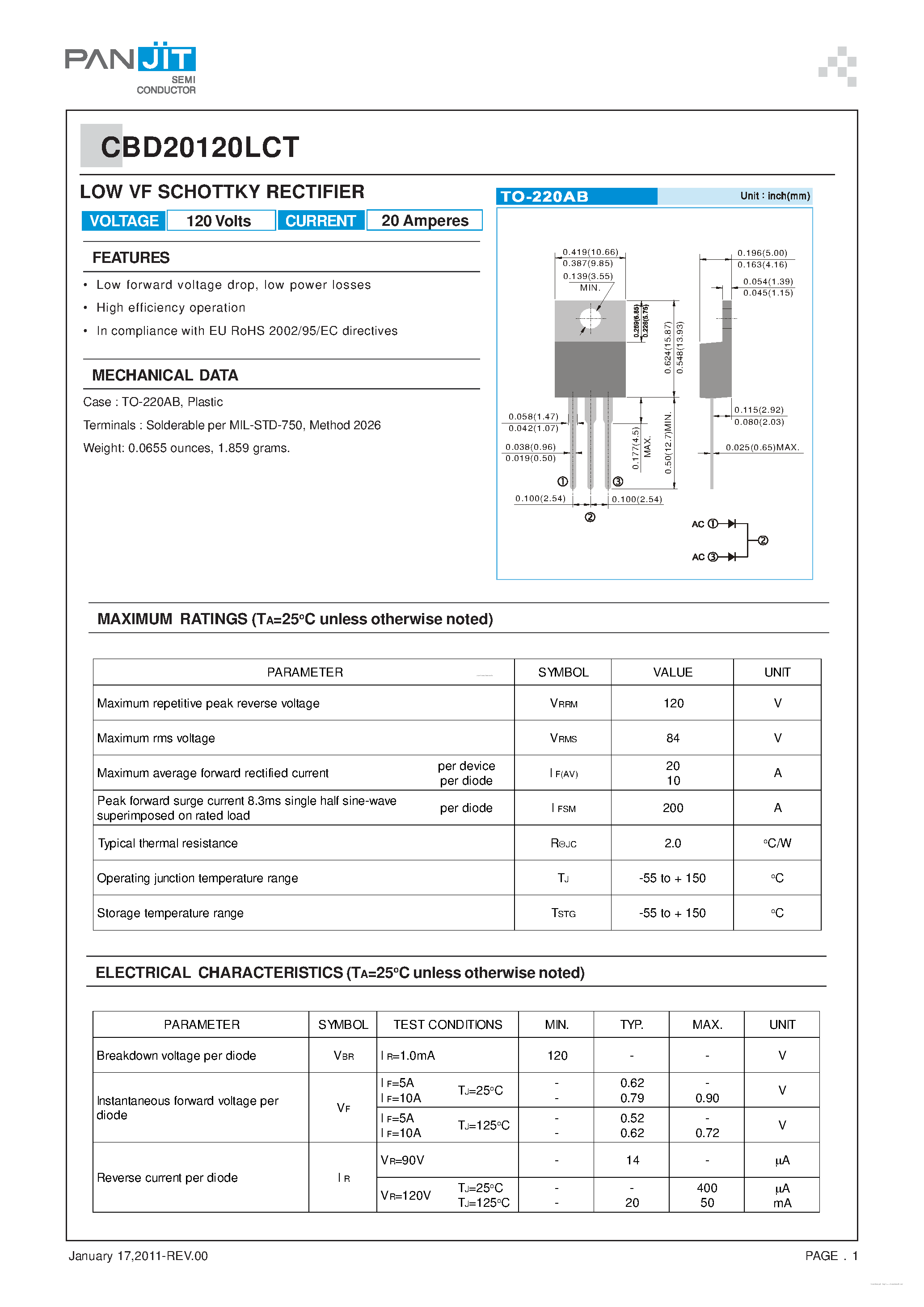 Datasheet CBD20120LCT - LOW VF SCHOTTKY RECTIFIER page 1