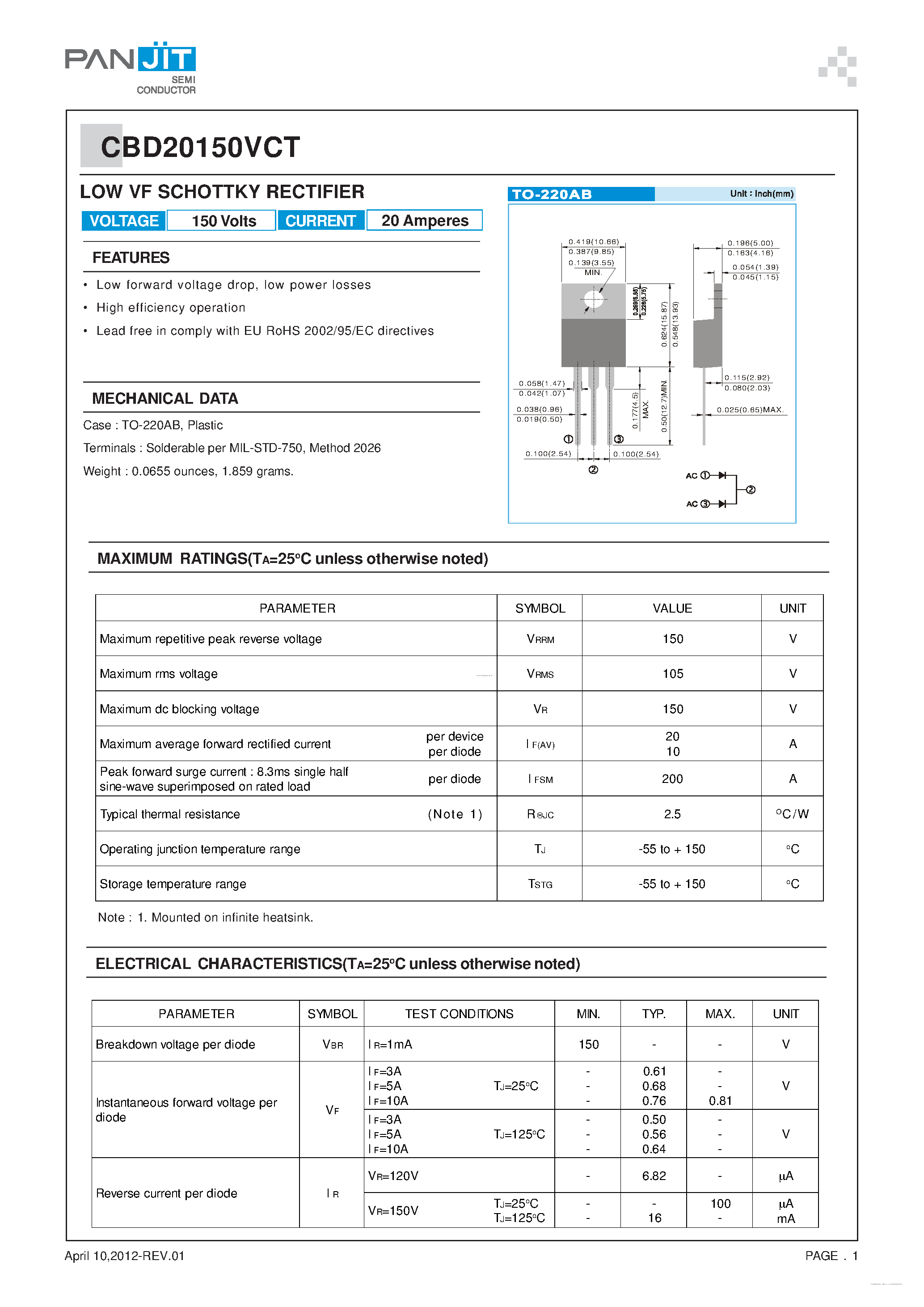 Datasheet CBD20150VCT - LOW VF SCHOTTKY RECTIFIER page 1