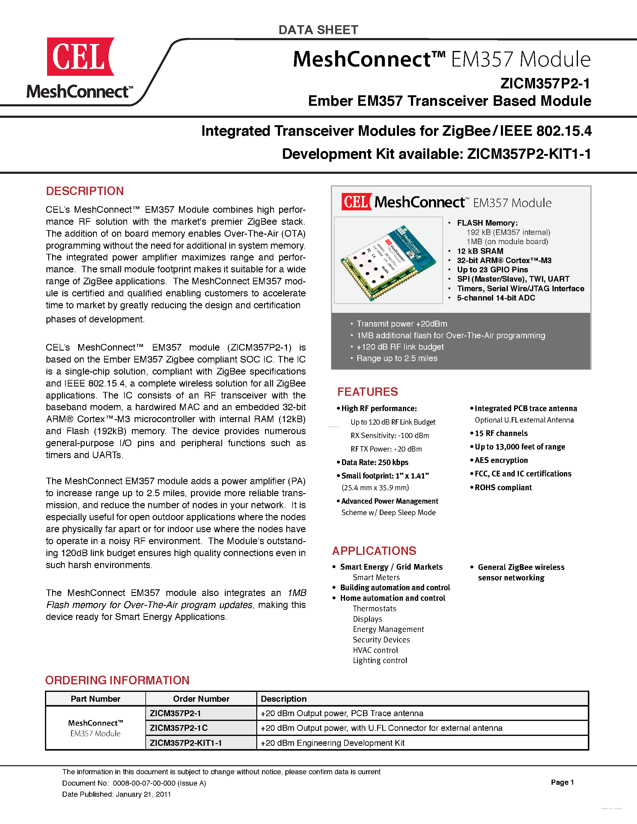 Datasheet ZICM357P2-1 - Ember EM357 Transceiver Based Module page 1