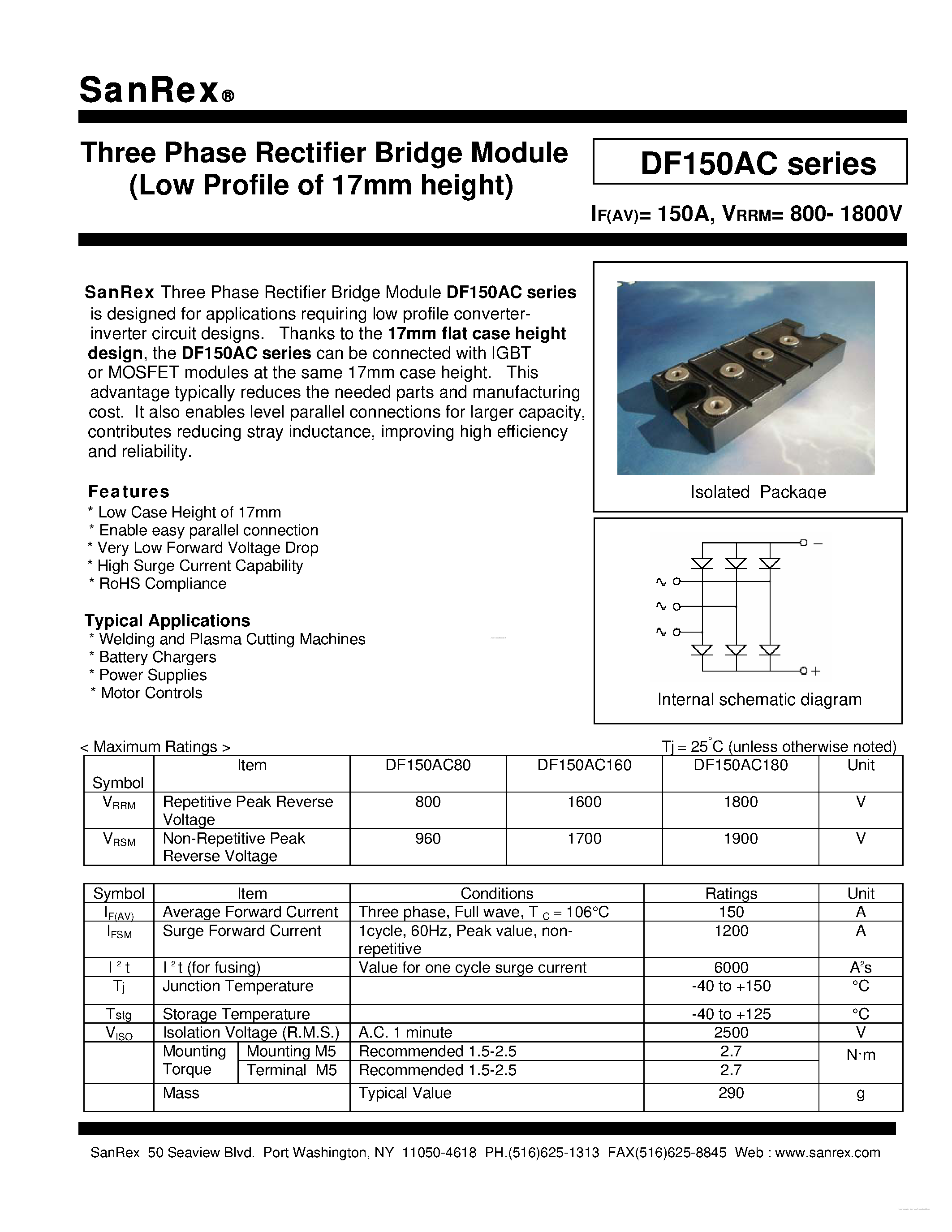 Datasheet DF150AC page 1 Datasheet DF150AC - Three Phase Rectifier Bridge Module page 1