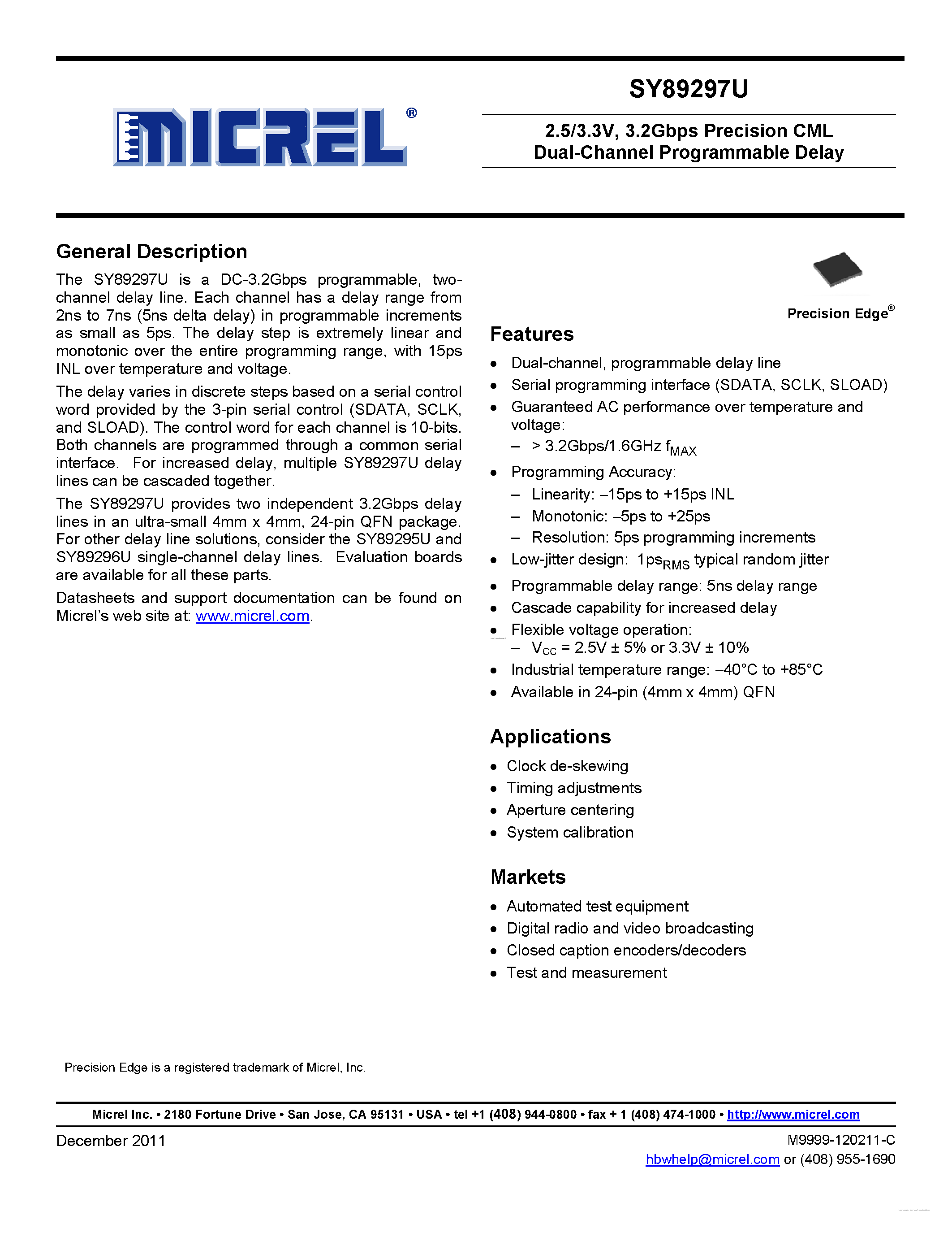 Datasheet SY89297U - 3.2Gbps Precision CML page 1
