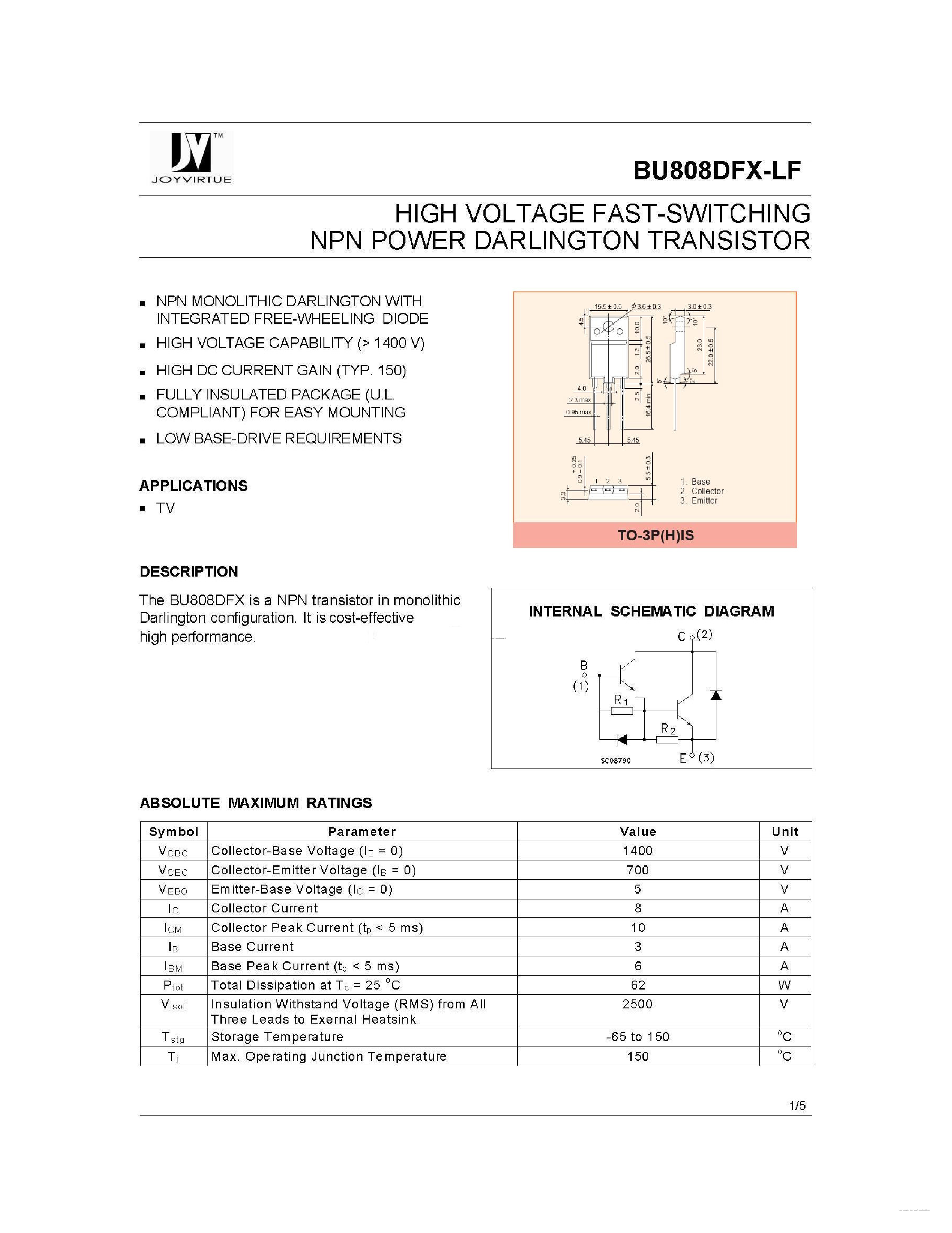 Даташит на микросхему BU808DFX-LF страница 1 Даташит BU808DFX-LF - HIGH VOLTAGE FAST-SWITCHING NPN POWER DARLINGTON TRANSISTOR страница 1