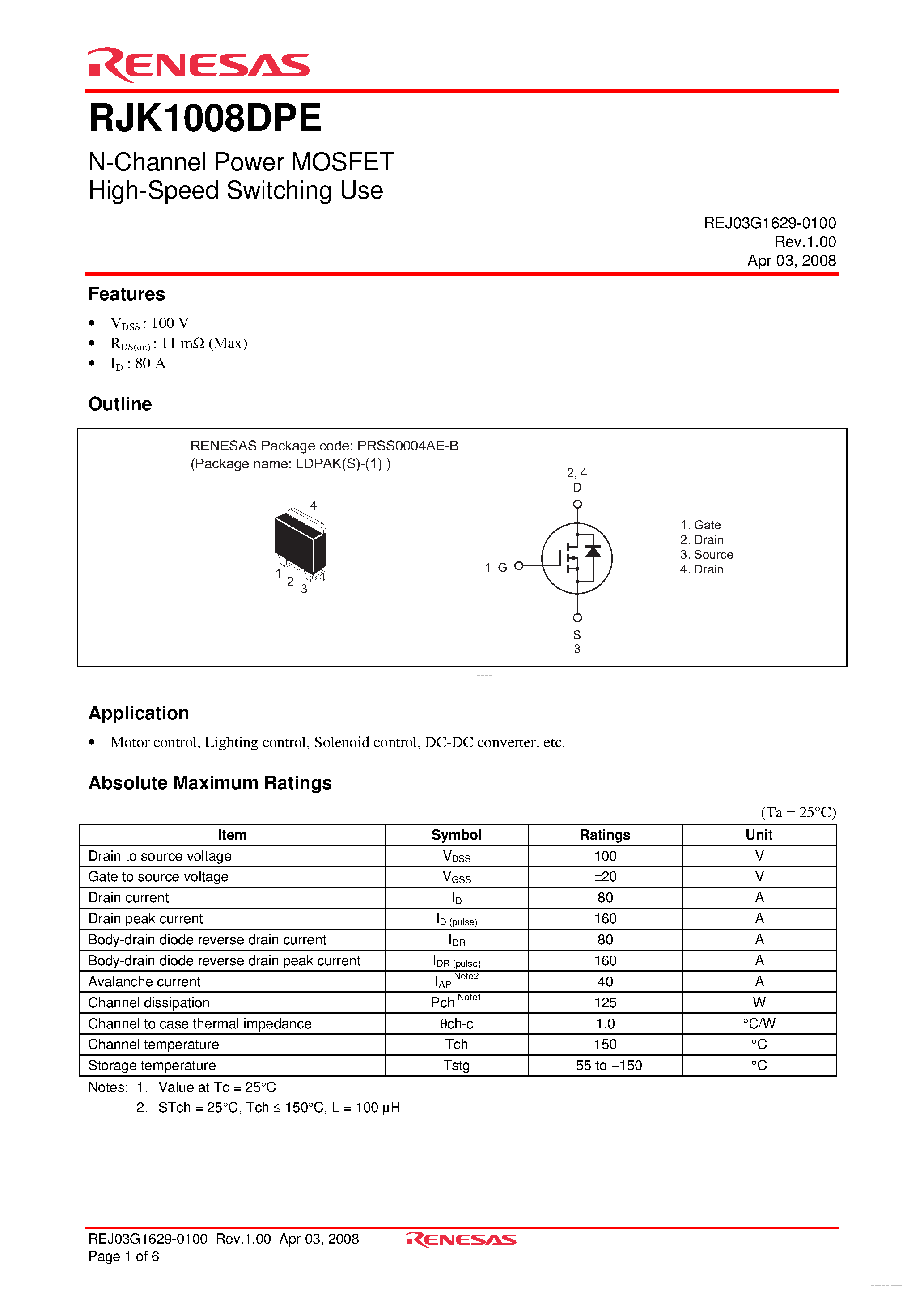Даташит на микросхему RJK1008DPE страница 1 Даташит RJK1008DPE - N-Channel Power MOSFET страница 1