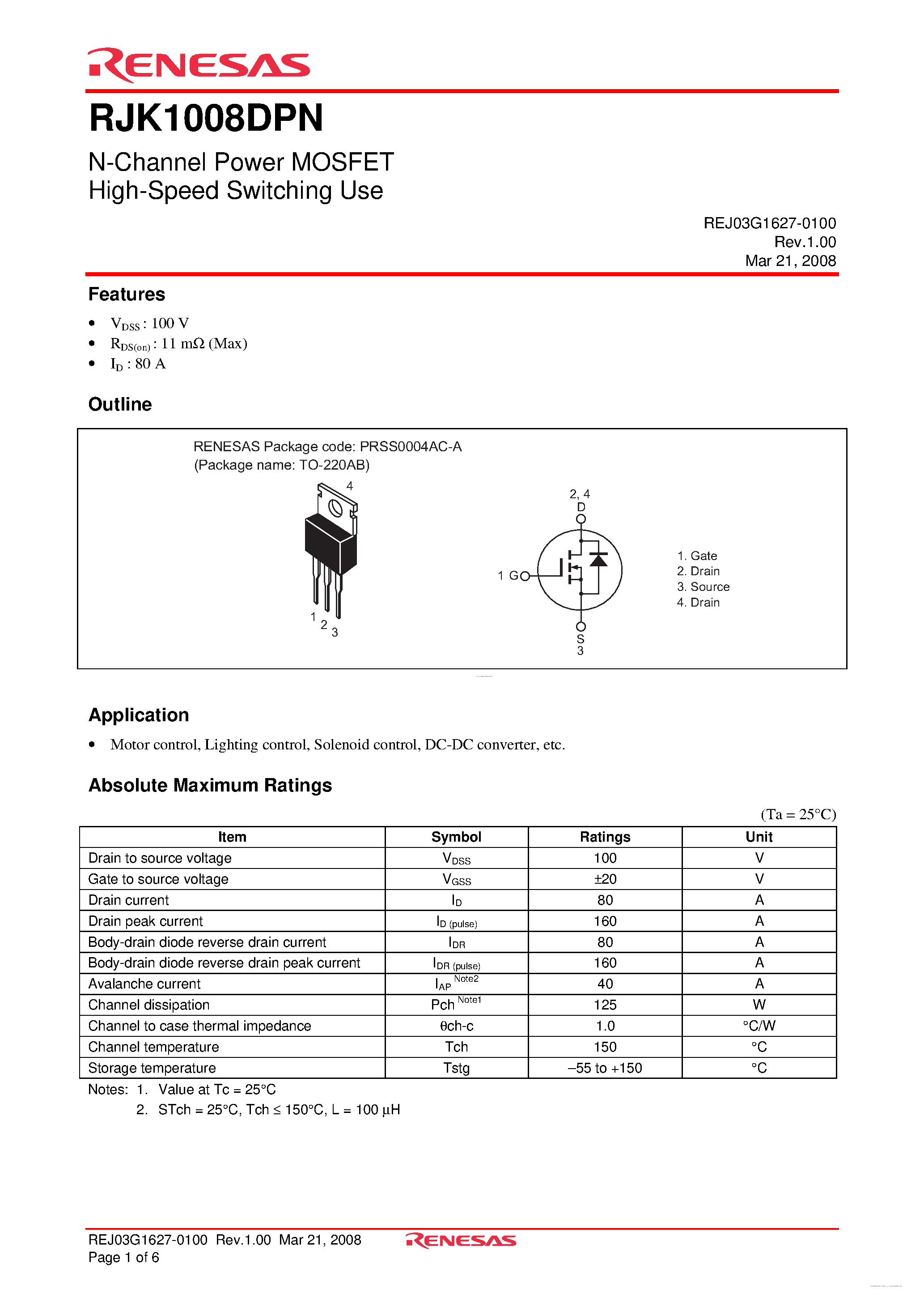 Datasheet RJK1008DPN page 1 Datasheet RJK1008DPN - N-Channel Power MOSFET page 1