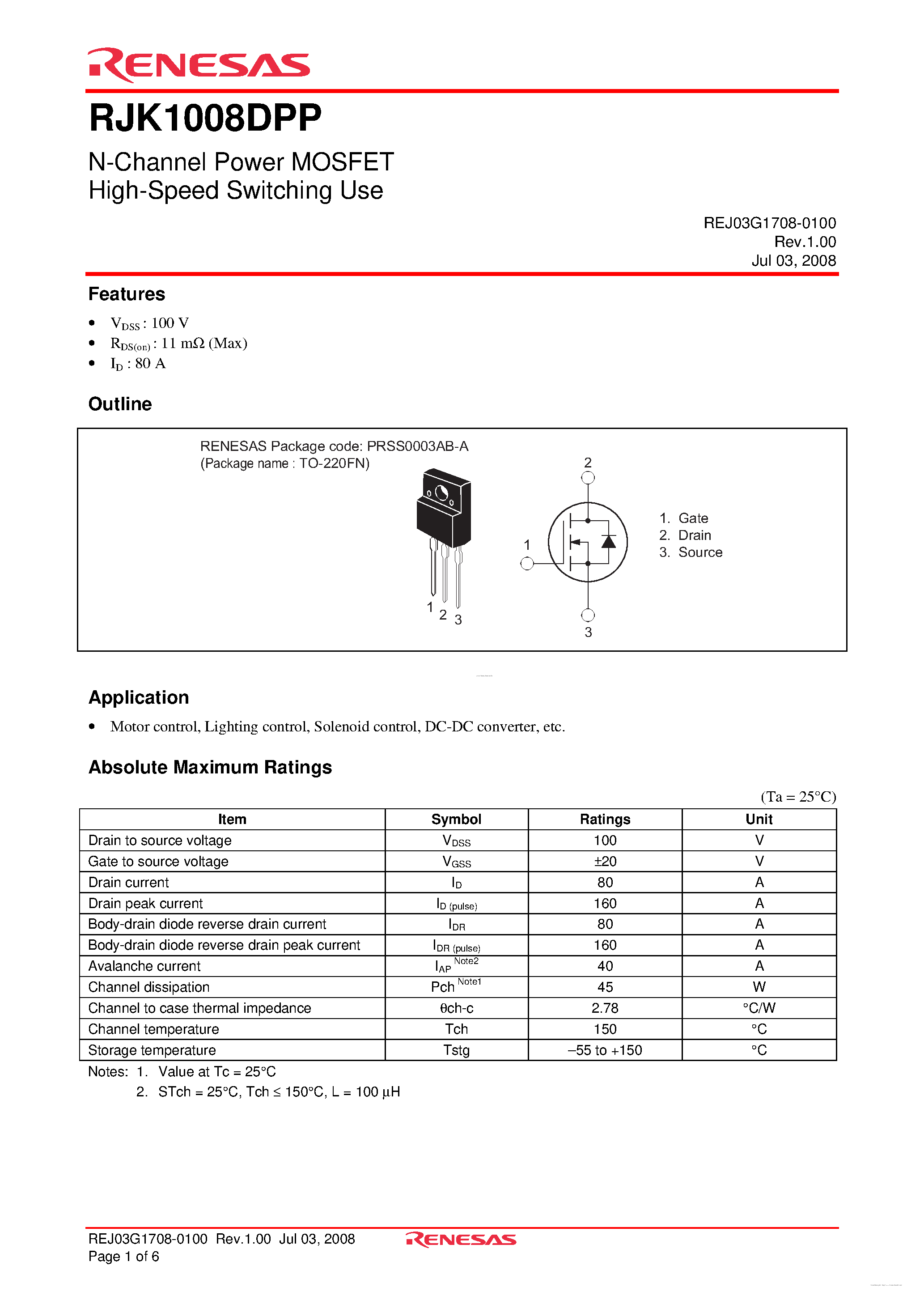 Datasheet RJK1008DPP page 1 Datasheet RJK1008DPP - N-Channel Power MOSFET page 1