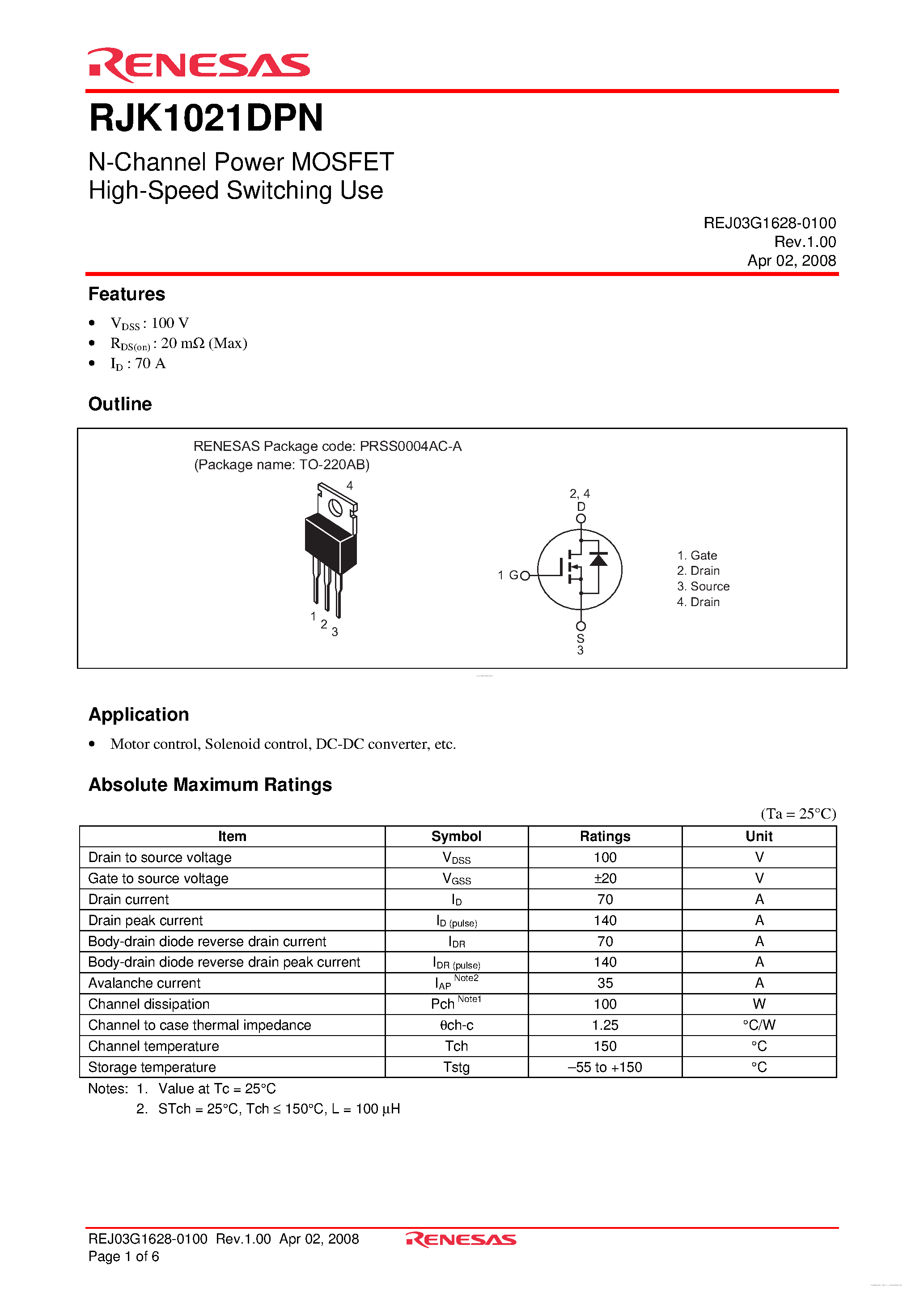Datasheet RJK1021DPN page 1 Datasheet RJK1021DPN - N-Channel Power MOSFET page 1