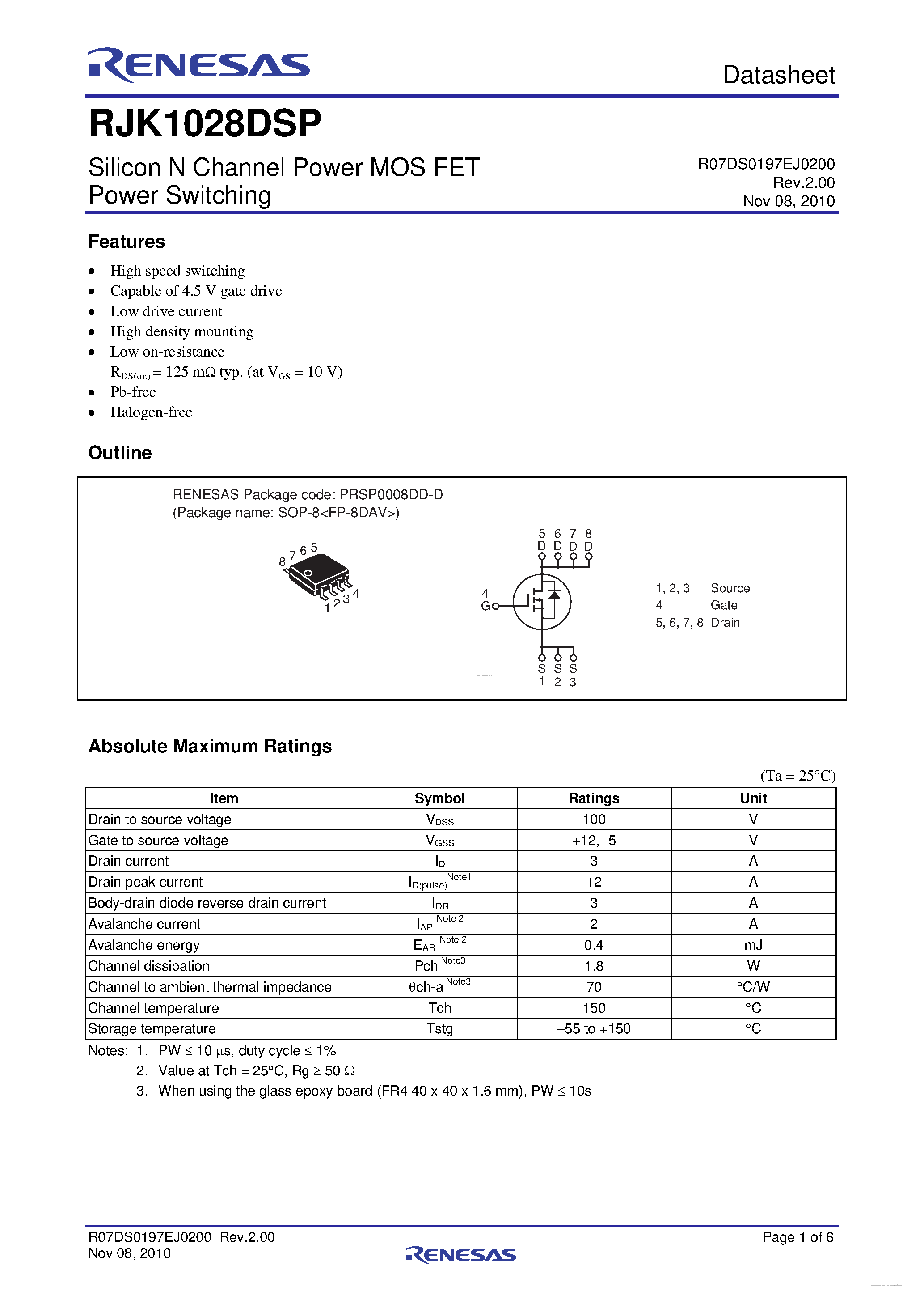 Datasheet RJK1028DSP page 1 Datasheet RJK1028DSP - N-Channel Power MOSFET page 1