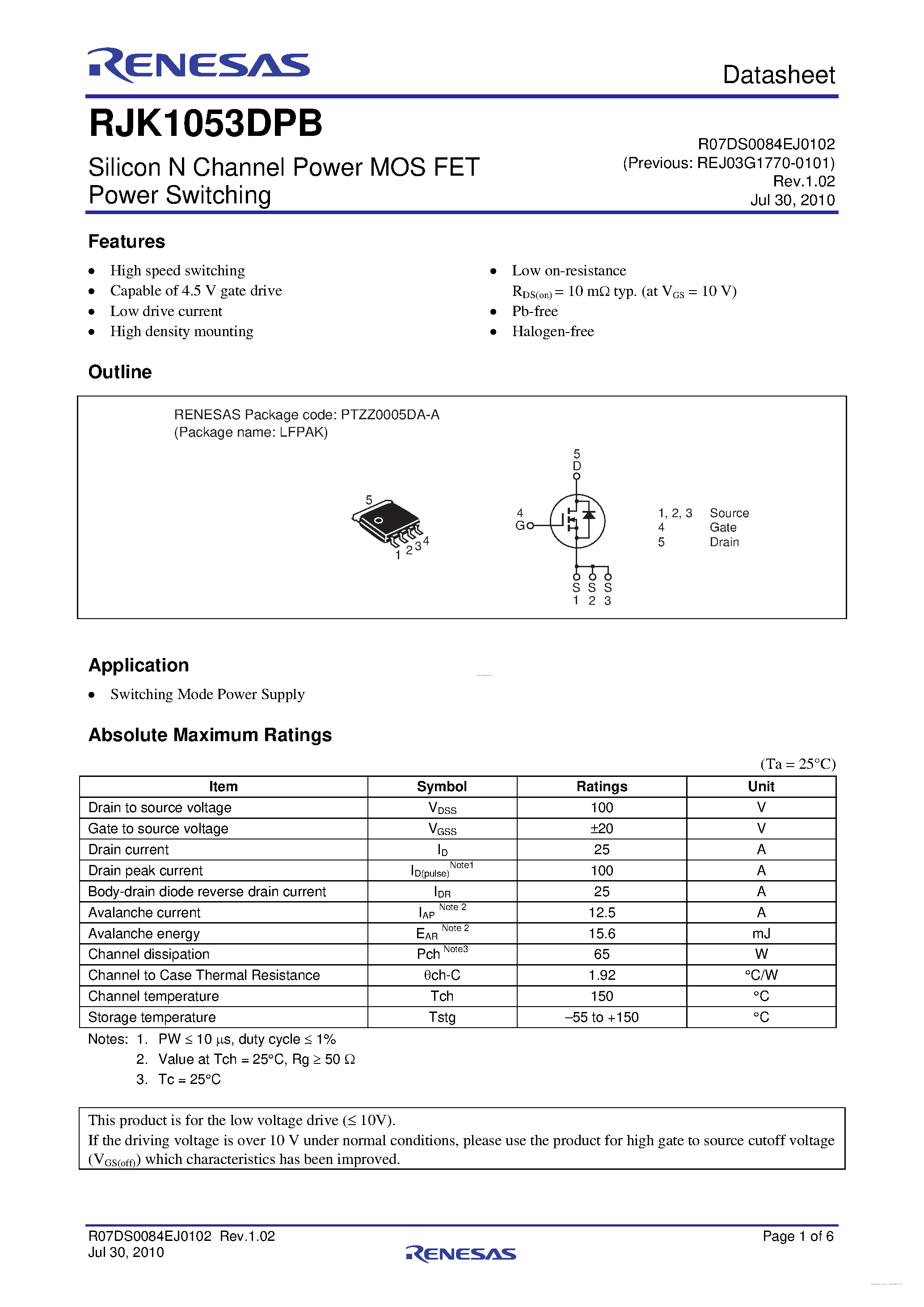 Datasheet RJK1053DPB - N-Channel Power MOSFET page 1