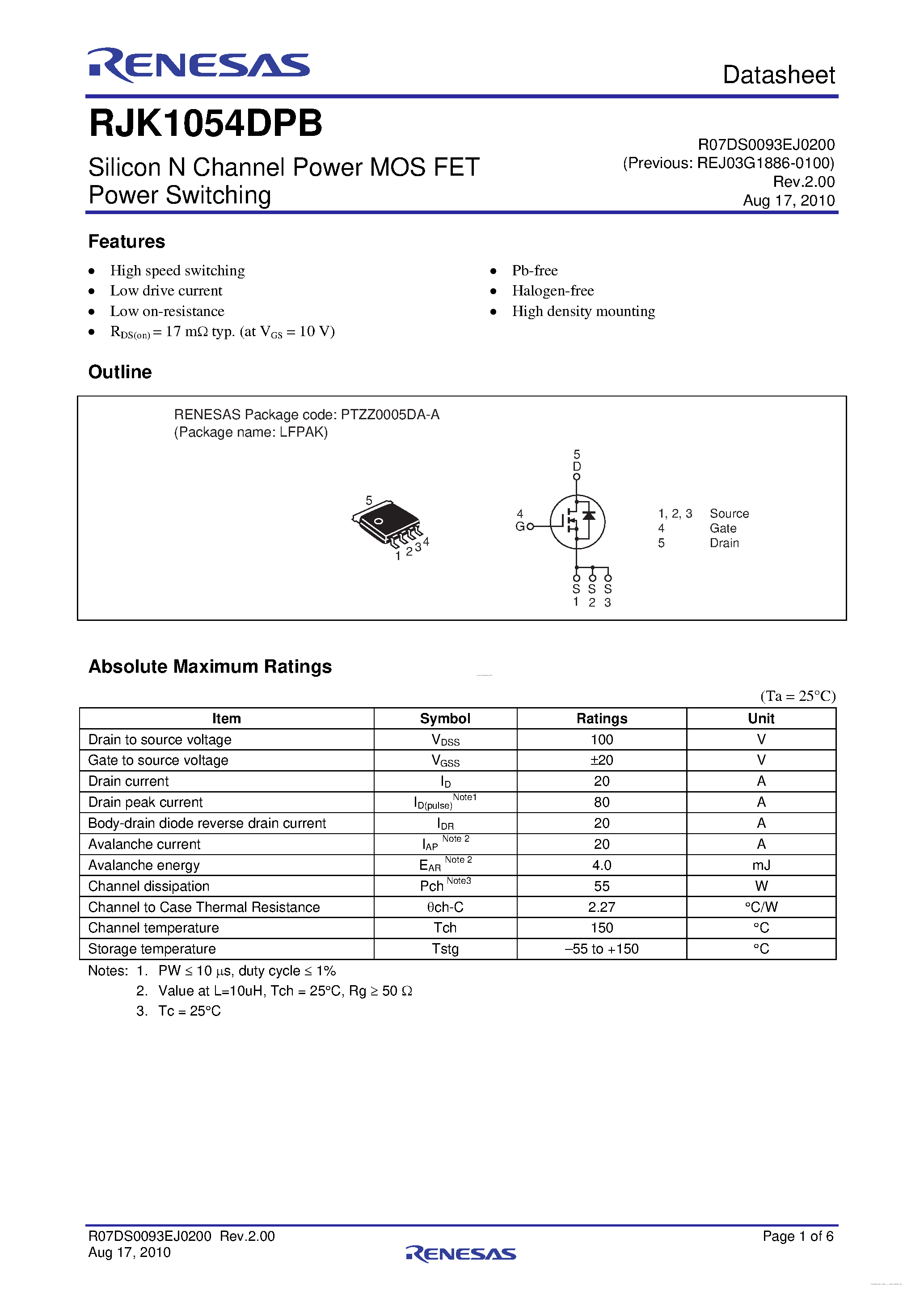 Datasheet RJK1054DPB page 1 Datasheet RJK1054DPB - N-Channel Power MOSFET page 1