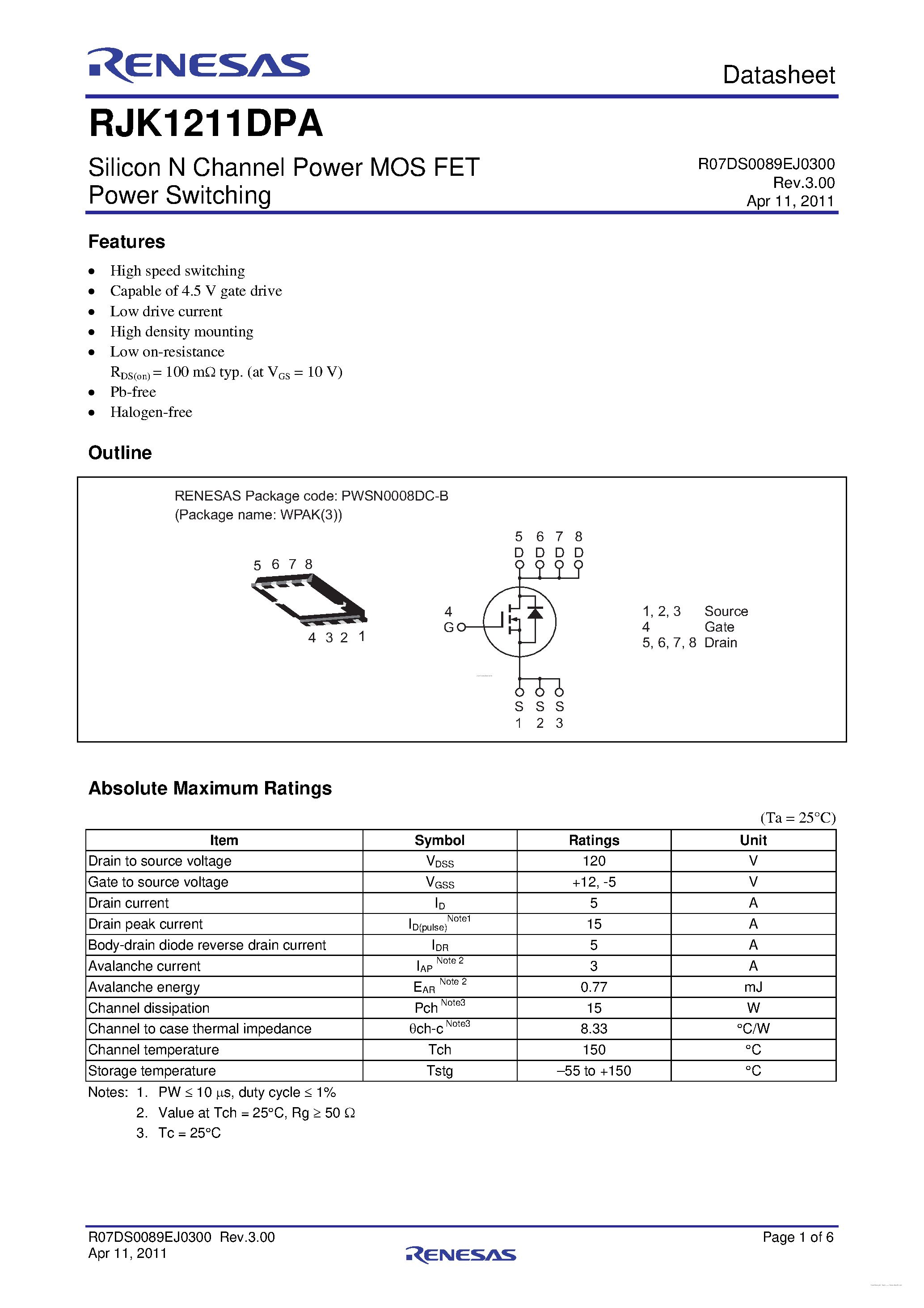 Datasheet RJK1211DPA - N-Channel Power MOSFET page 1
