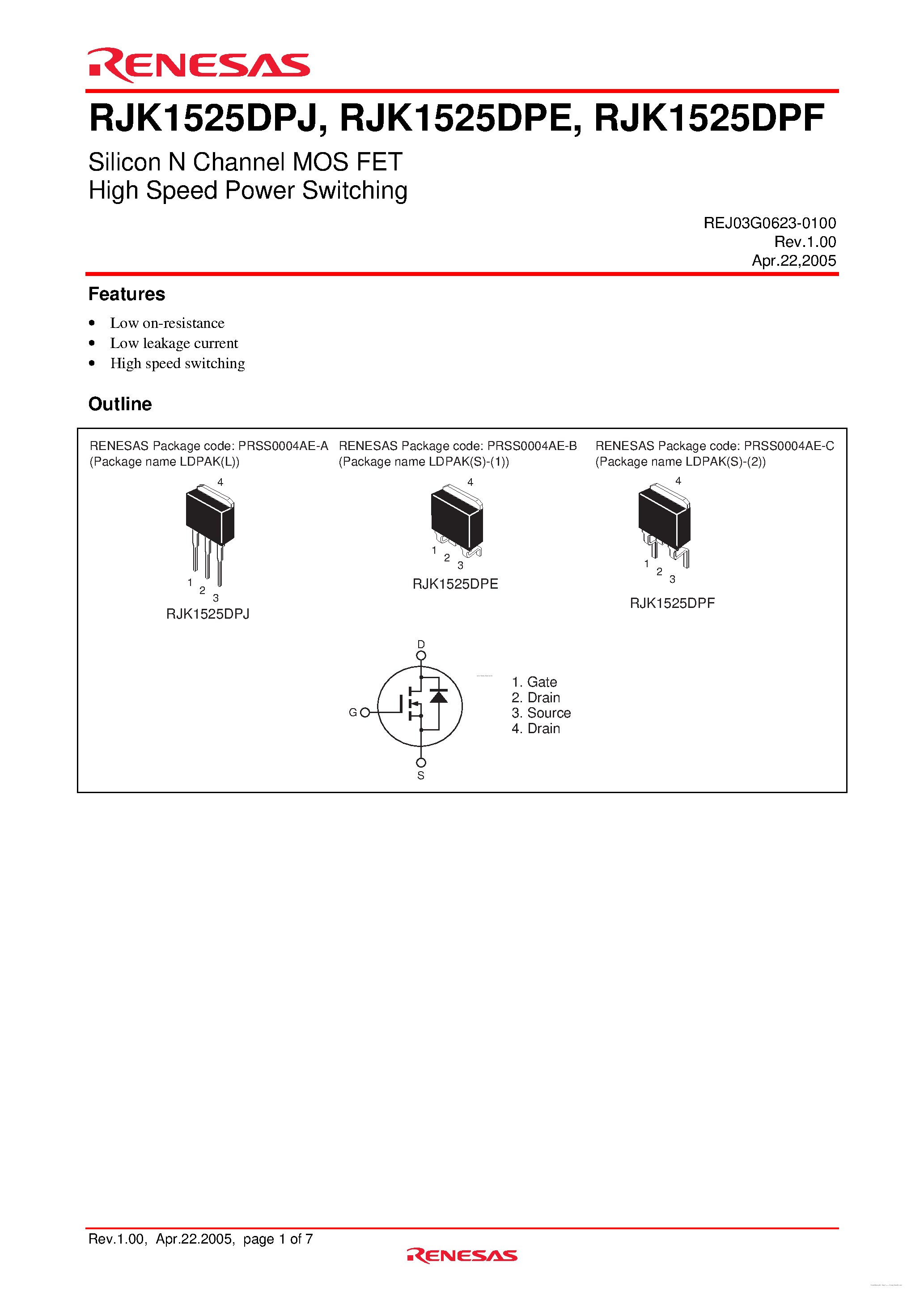Datasheet RJK1525DPE - N-Channel Power MOSFET page 1